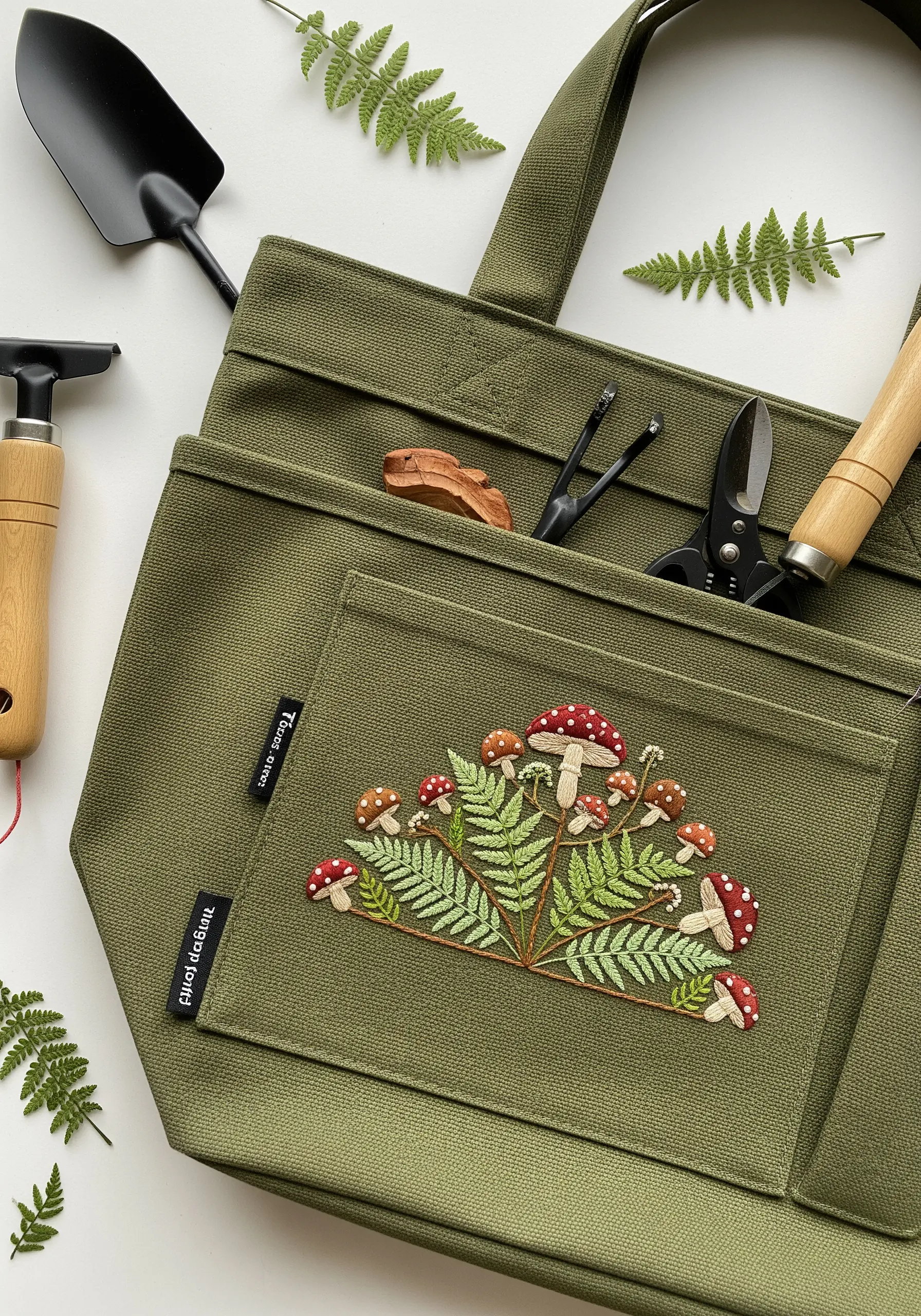 Embroidery of ferns and small red mushrooms on the pocket of an olive green gardening tote.