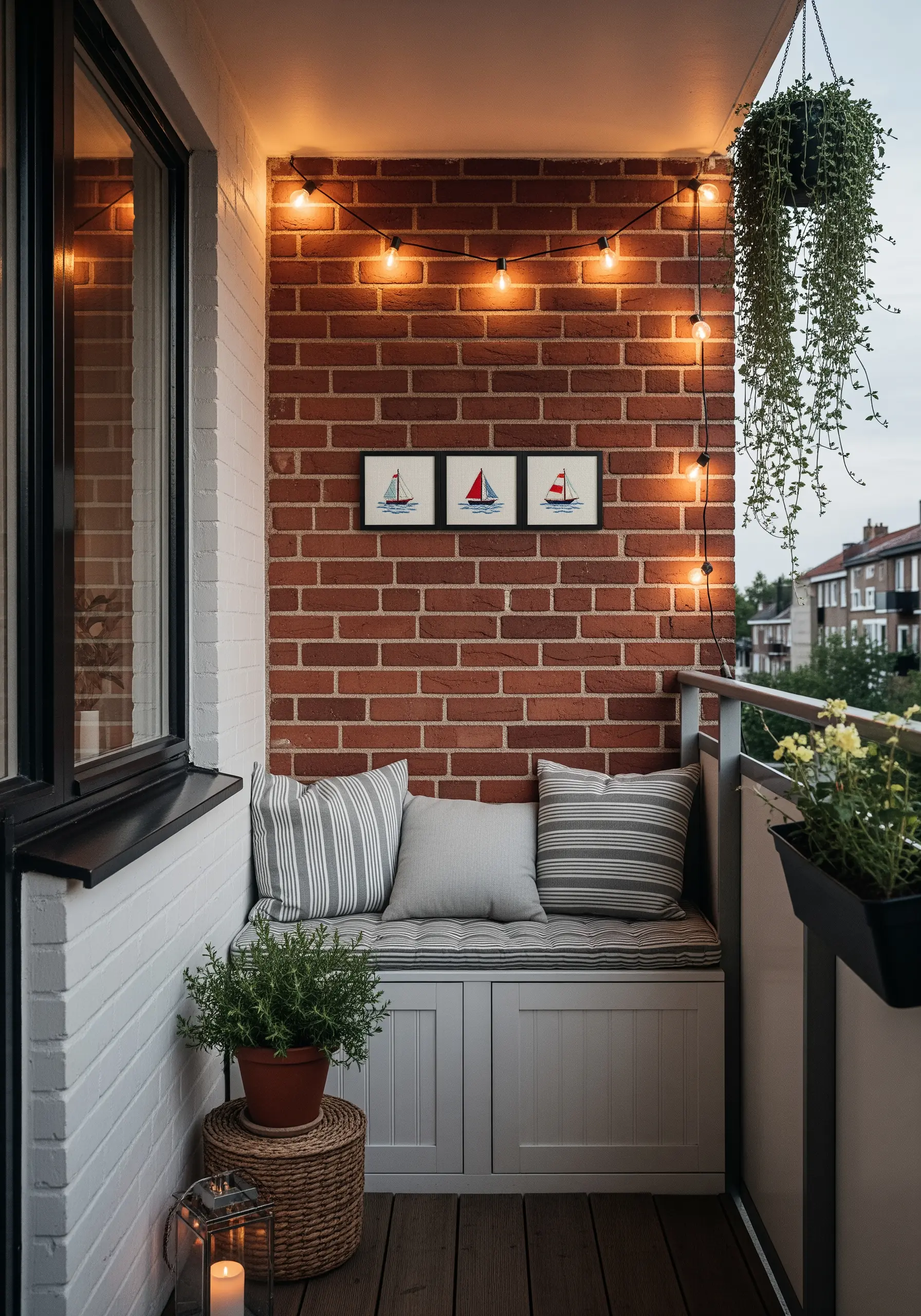 Triptych of framed minimalist sailboats with red and blue sails.