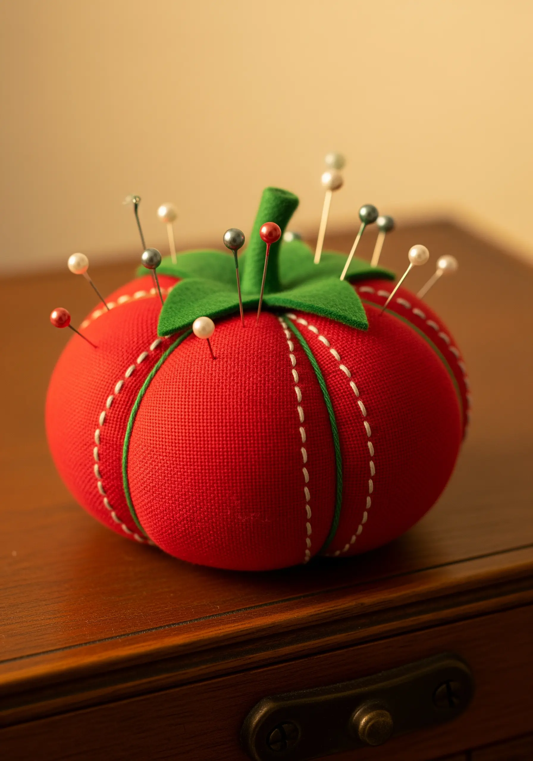 A classic red tomato pincushion with decorative green and white stitched segment lines