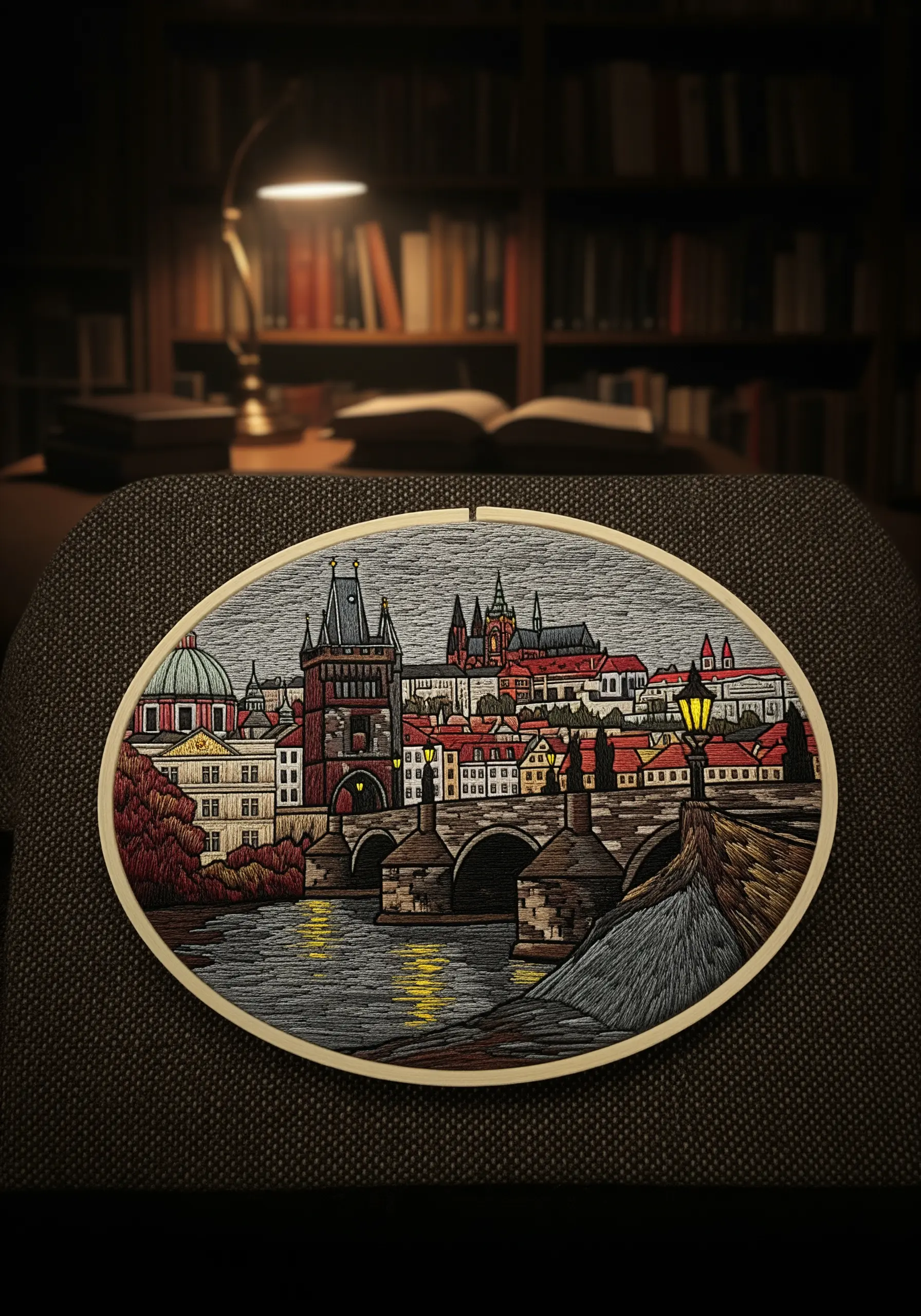 Detailed embroidery of Prague's Charles Bridge at night in an oval hoop.