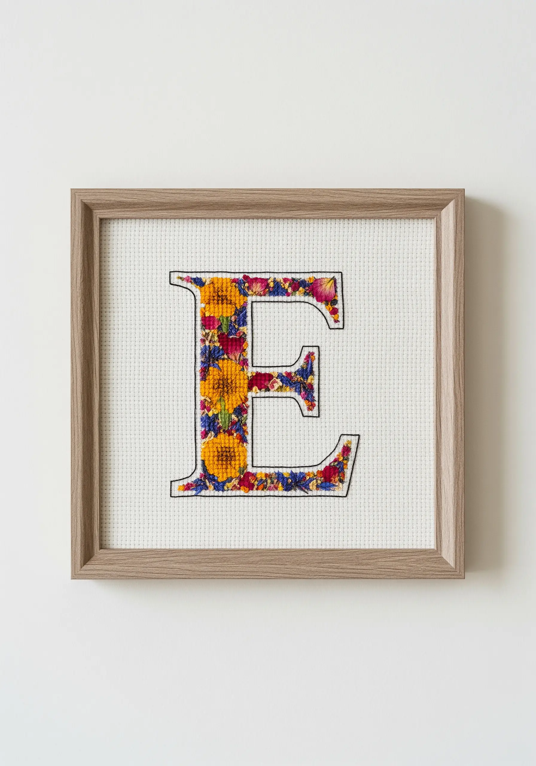 The letter 'E' outlined in black thread on Aida cloth, filled with a collage of colorful pressed petals.