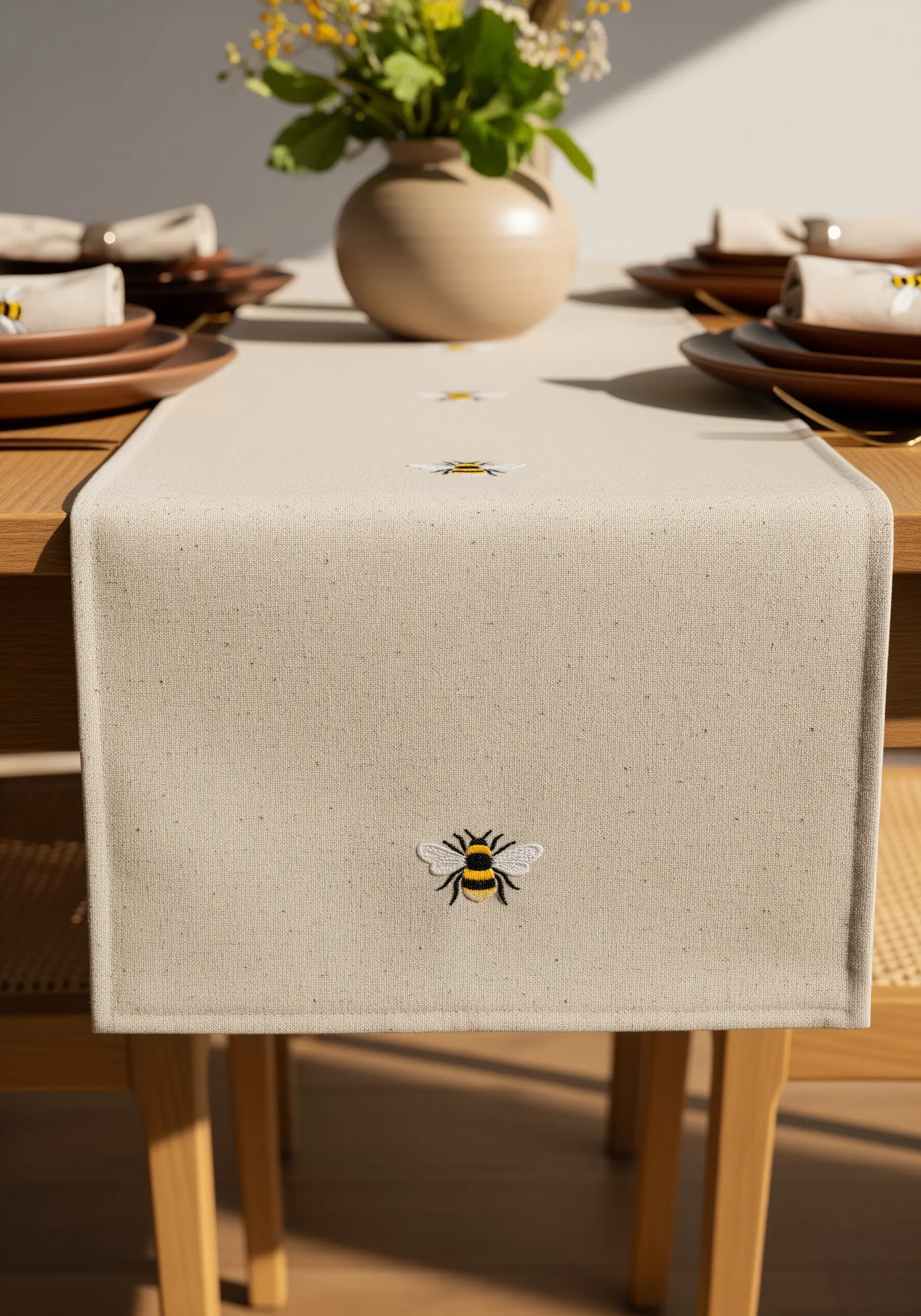 Small embroidered bees scattered across a natural linen table runner.