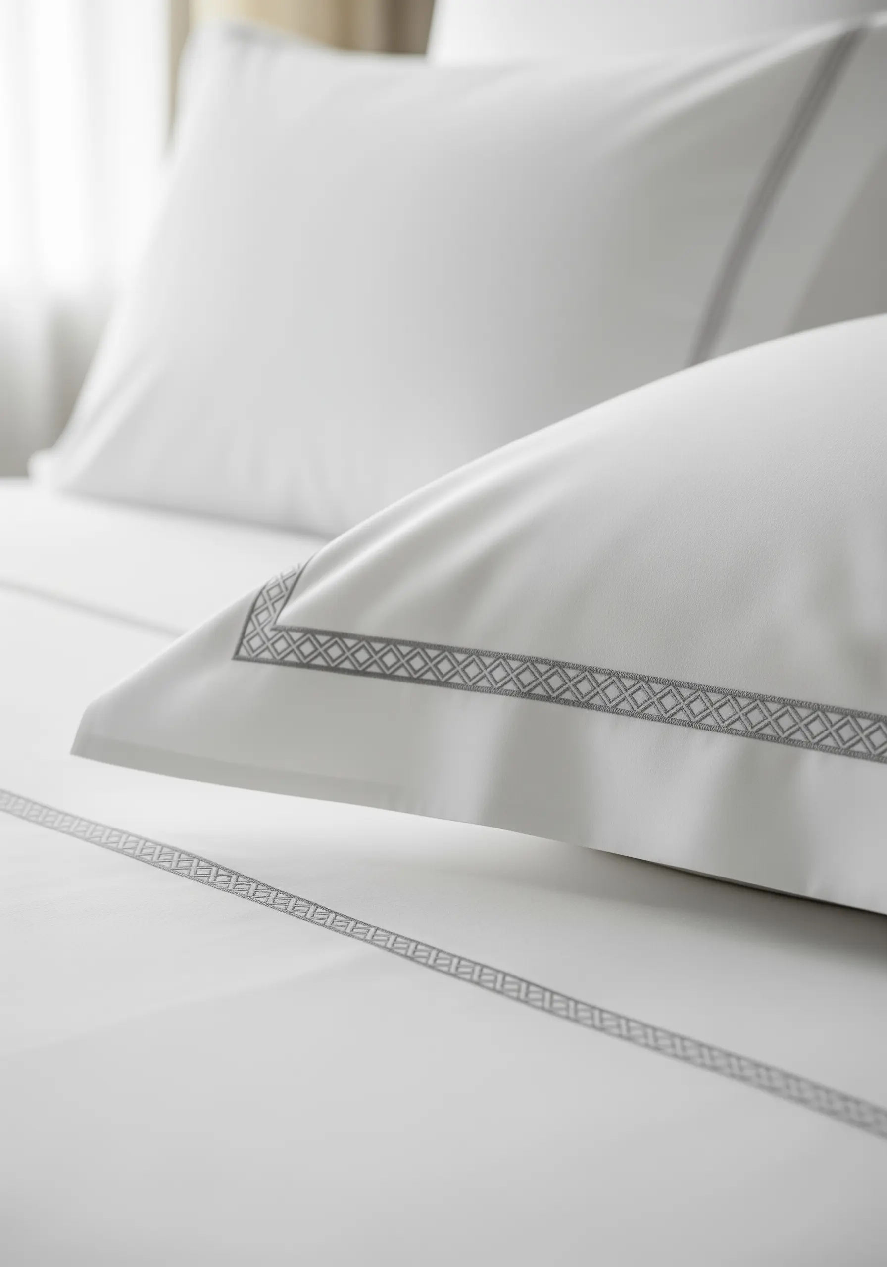 A close-up of a grey geometric border embroidered on a crisp white pillowcase.