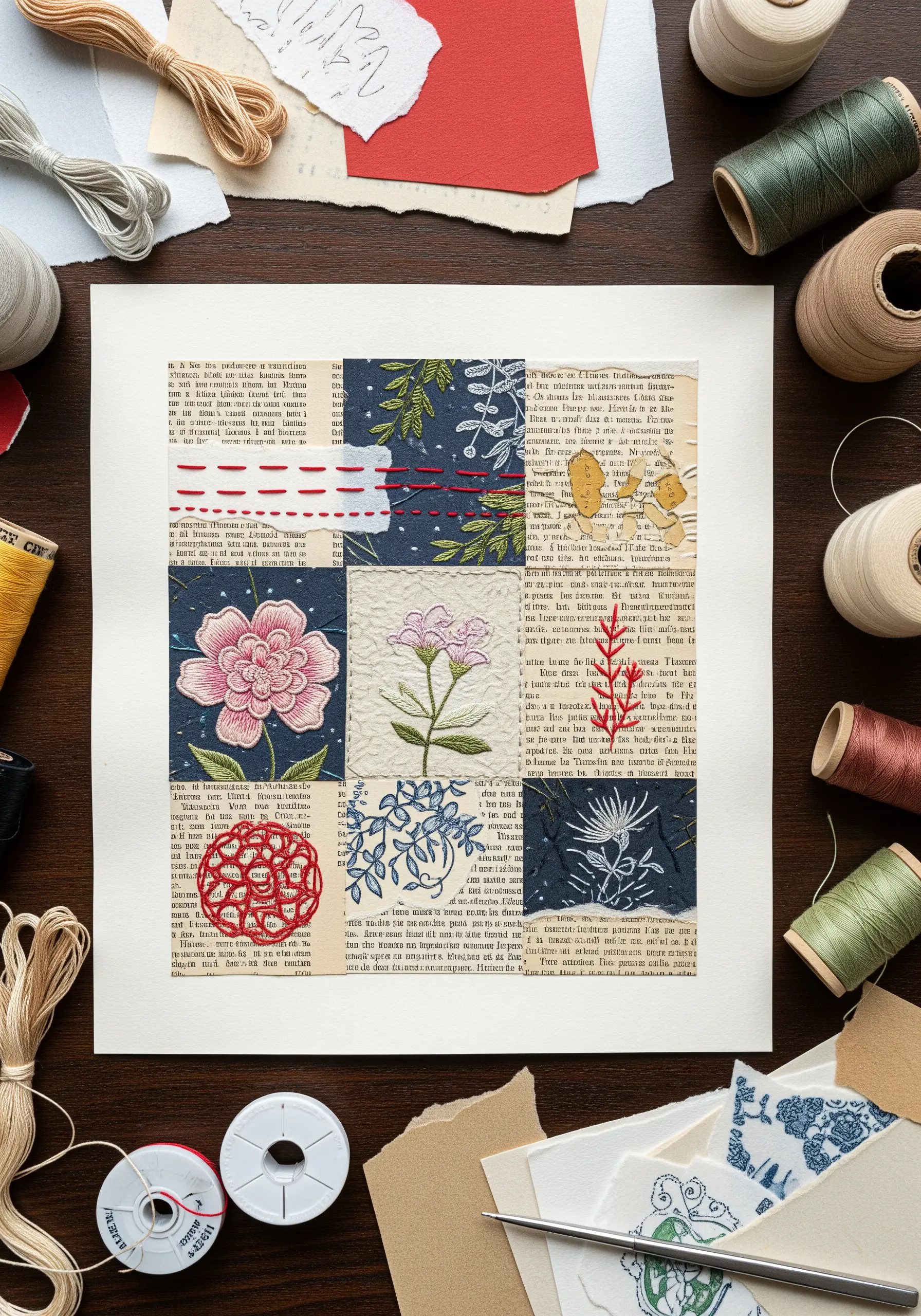 A nine-square grid combining paper collage and small embroidered floral motifs on fabric.