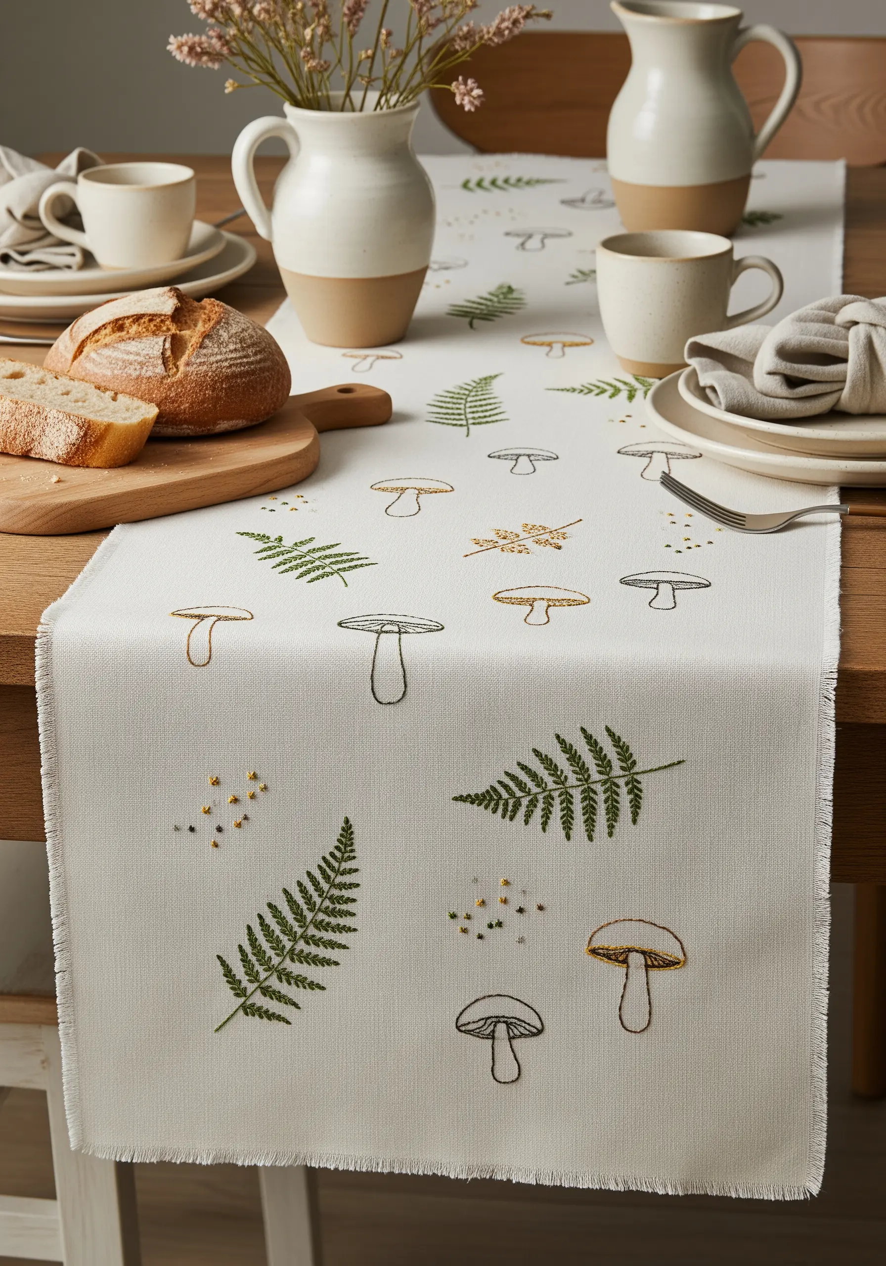 Scattered embroidery of ferns, mushrooms, and French knots on a fringed linen runner.