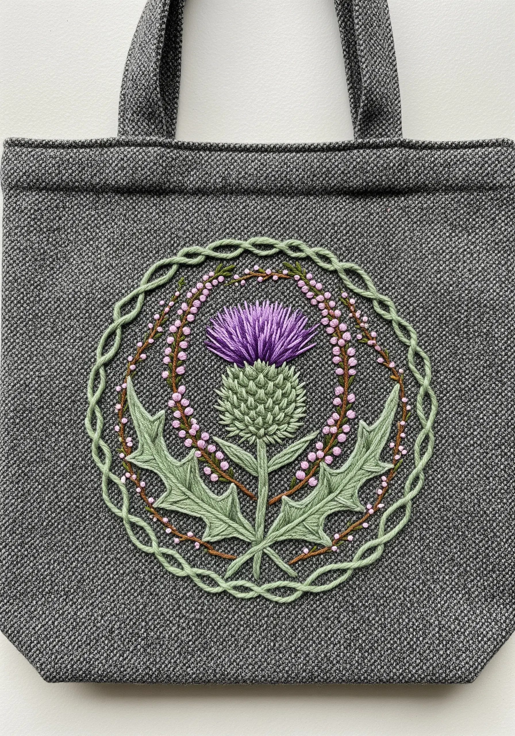 A Scottish thistle embroidered on a grey tweed tote, surrounded by a textured green border.