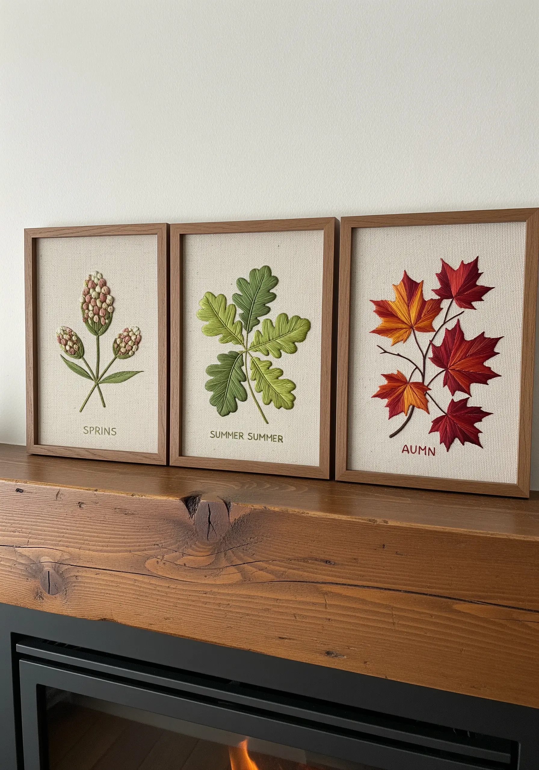 Three framed embroidery pieces showing seasonal leaf and flower changes.