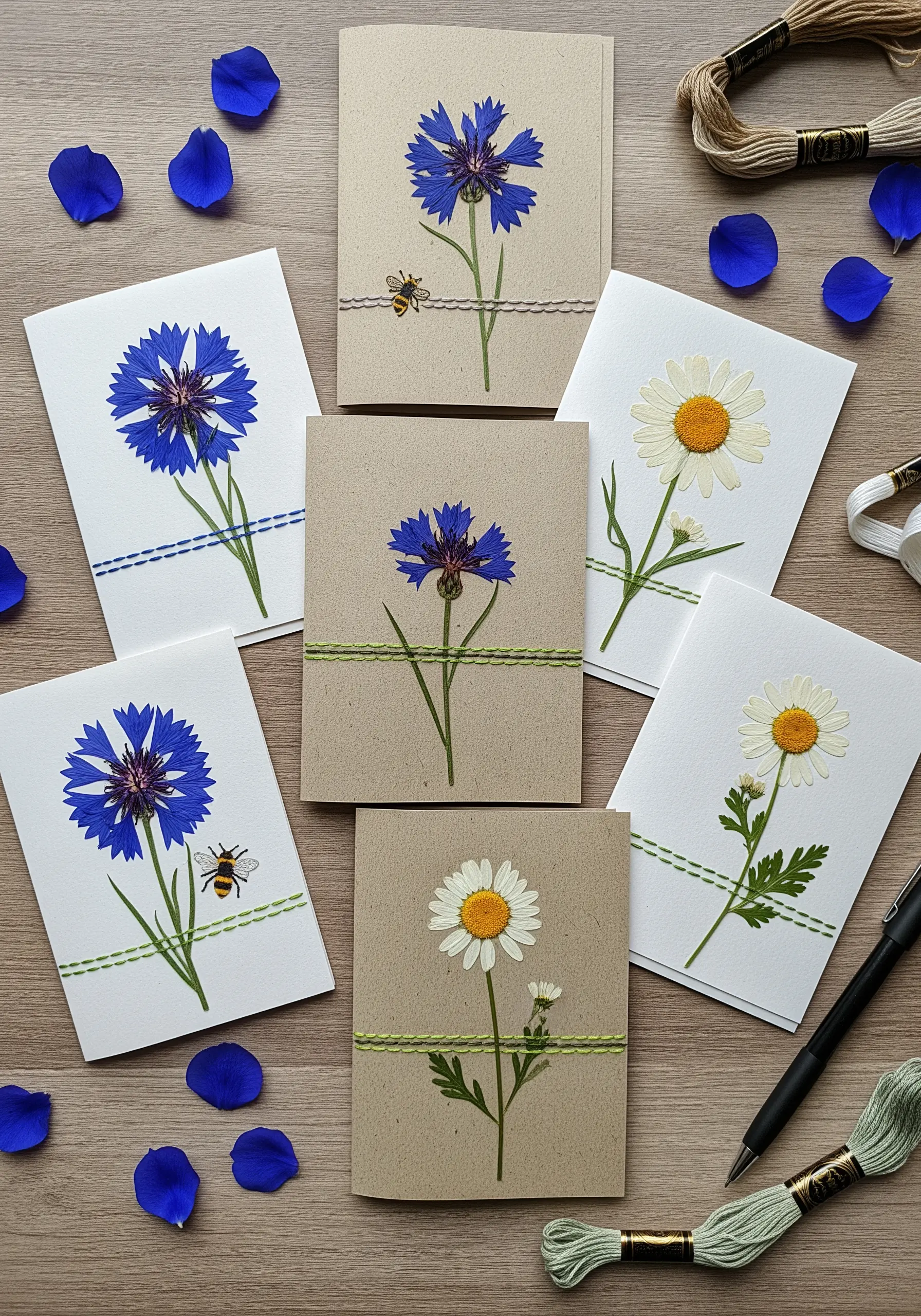 Handmade cards with pressed cornflowers and daisies, accented with simple embroidered lines.