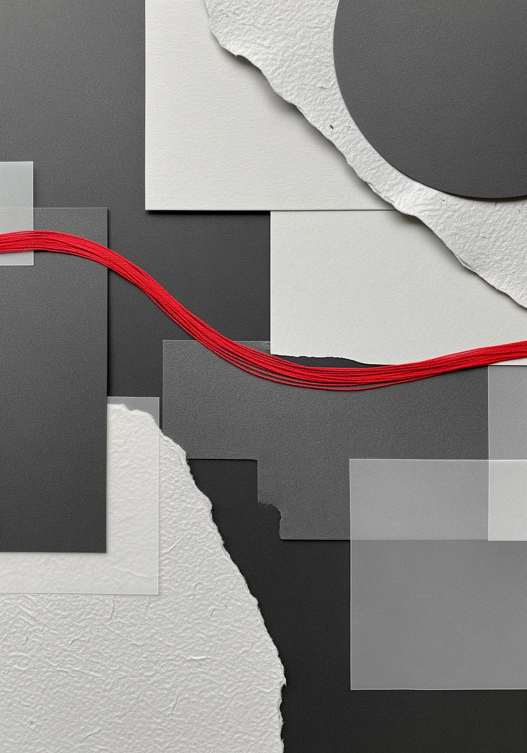 Abstract monochrome collage with layered gray and white paper, crossed by a single red thread.