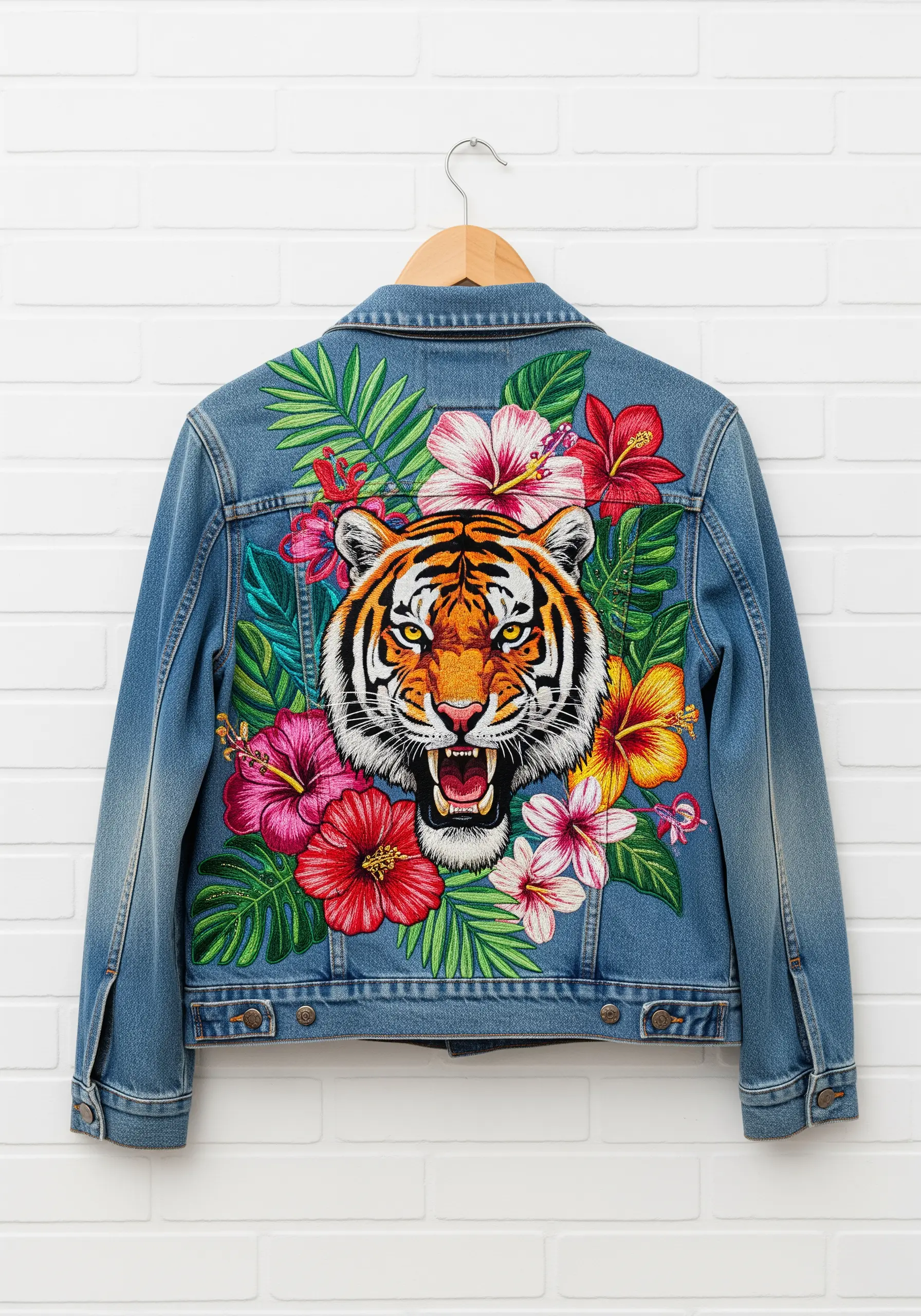 The back of a denim jacket featuring a large, vibrant embroidery of a tiger surrounded by tropical flowers.