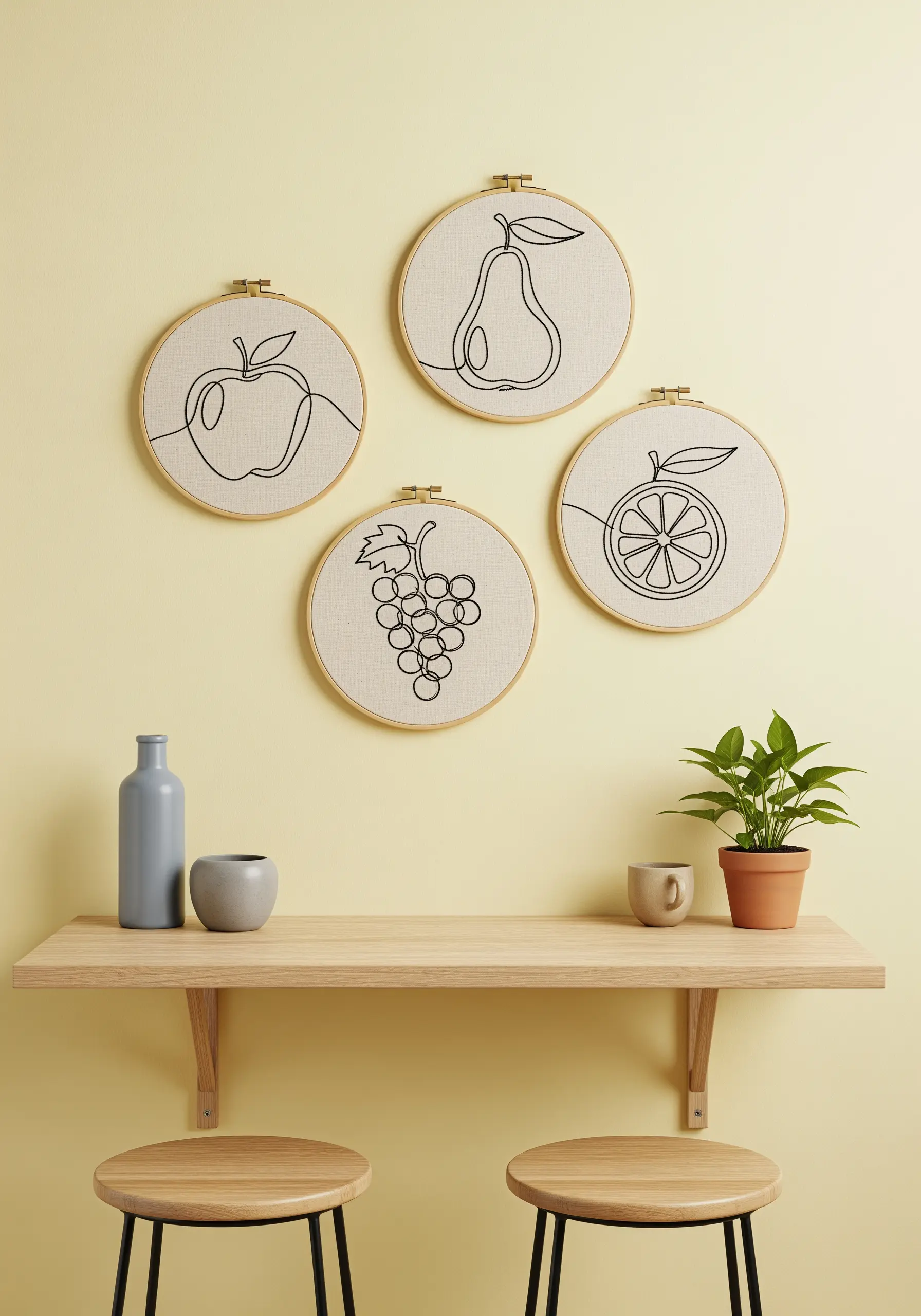 Four hoops featuring continuous-line embroidery of various fruits like an apple, pear, and grapes.