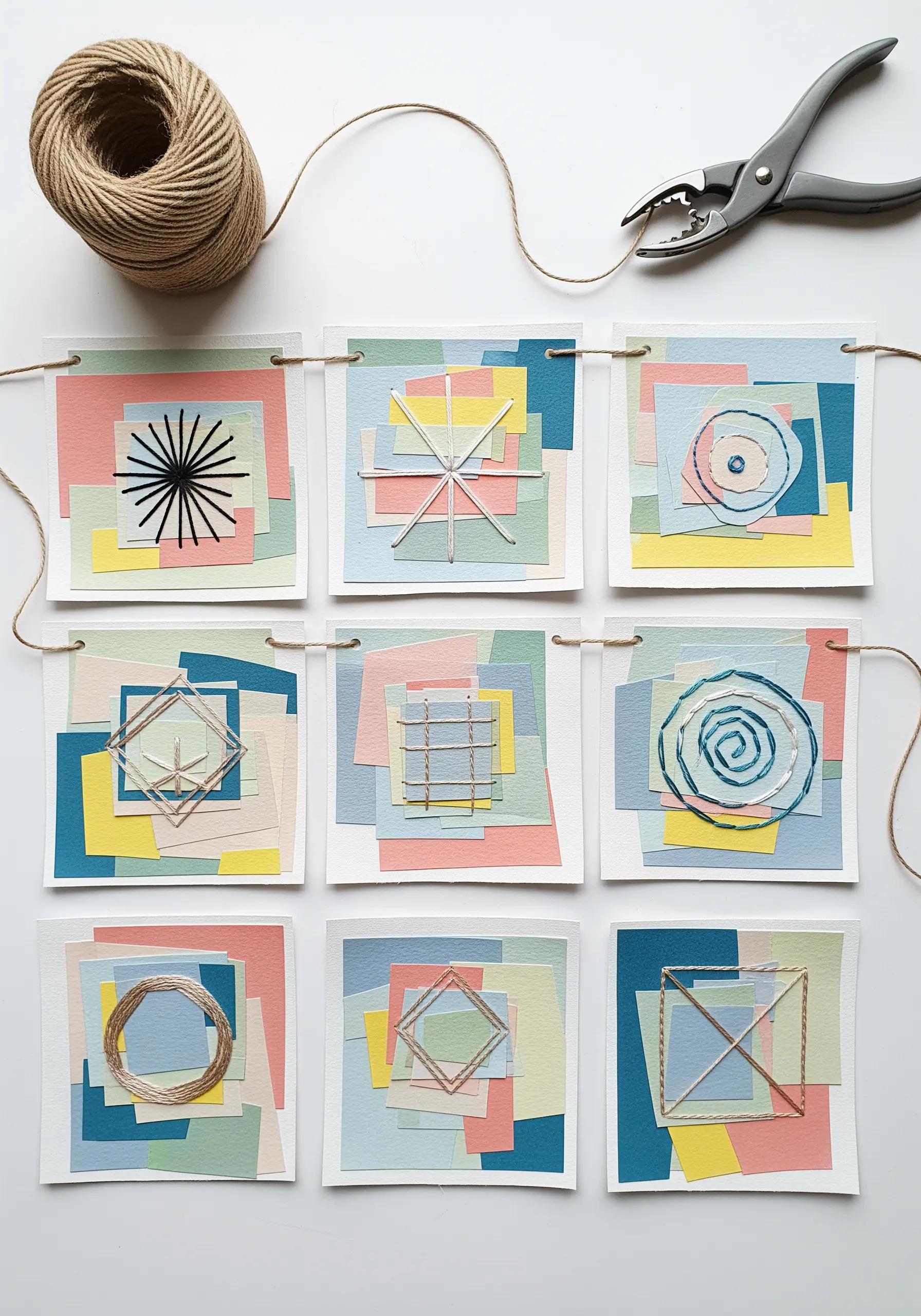 A garland of nine paper collage squares, each featuring a different geometric thread pattern.
