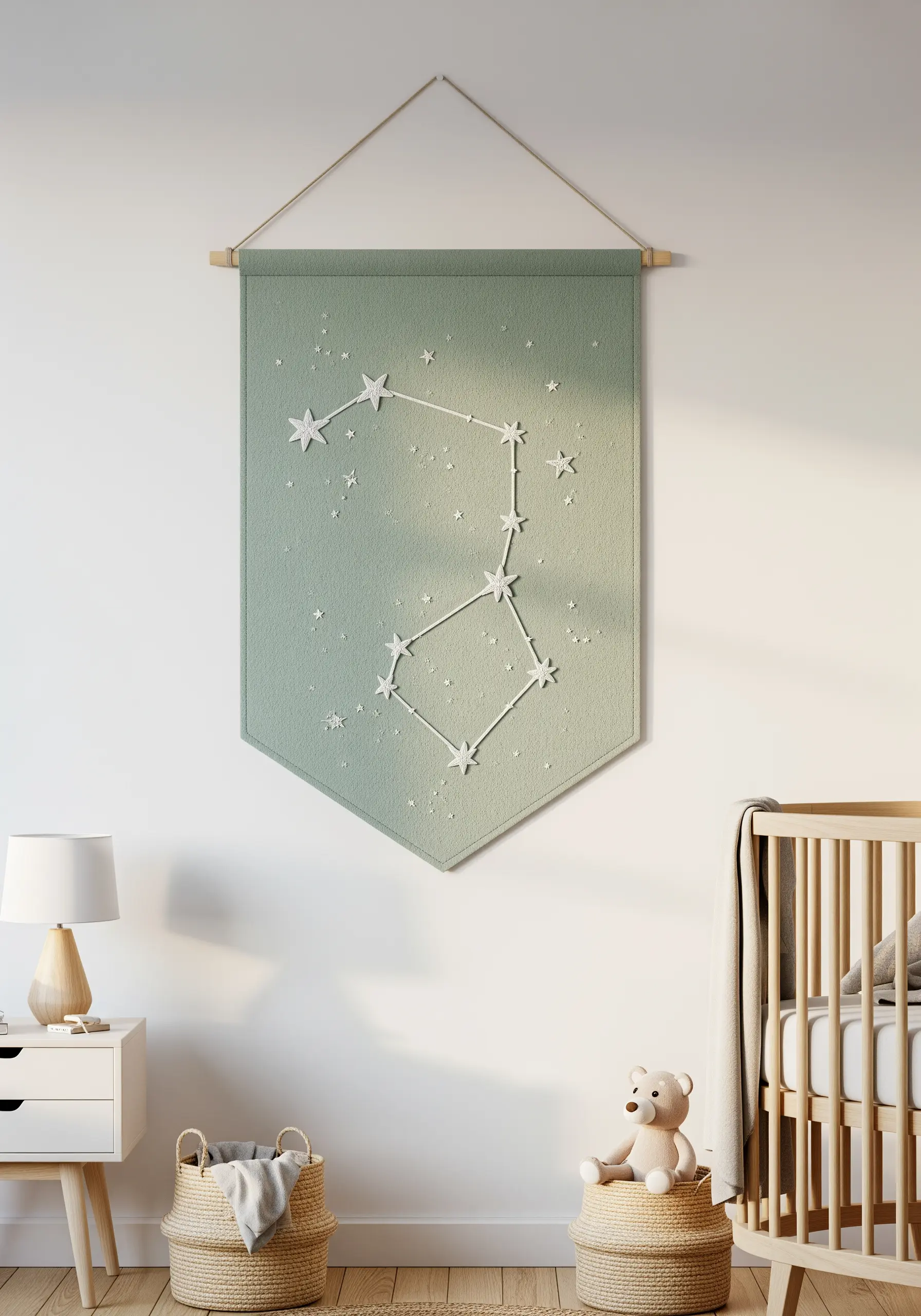 A sage green felt banner with an embroidered star constellation for a nursery.