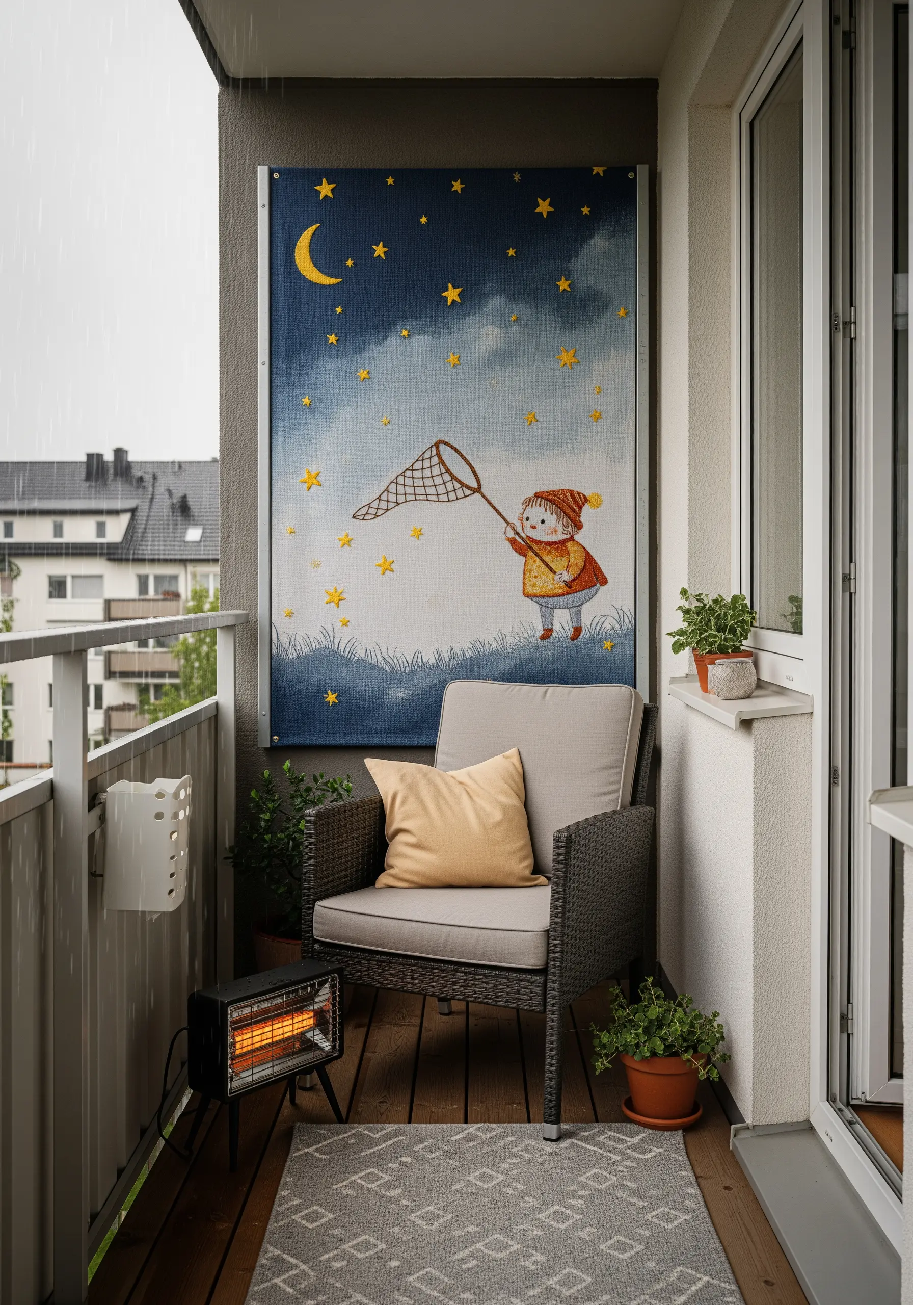 A whimsical embroidery of a child catching stars on a painted fabric background.