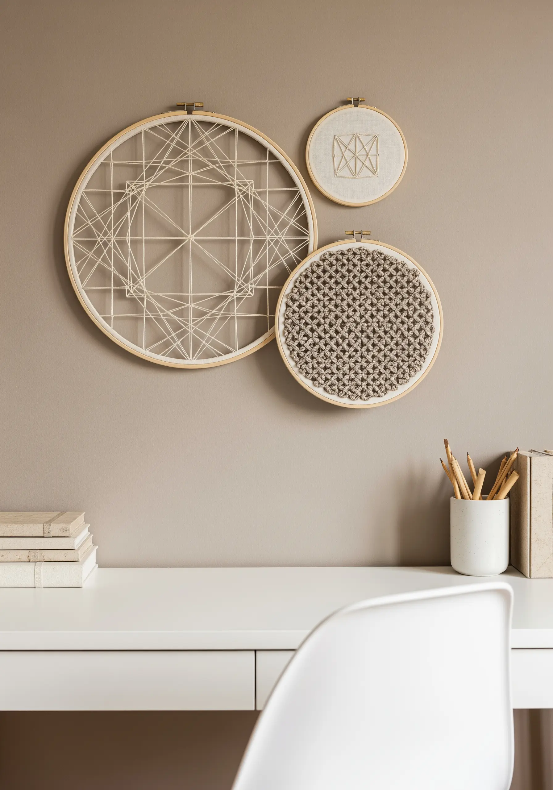 A cluster of three embroidery hoops with different textures: string art, geometric fill, and line art.
