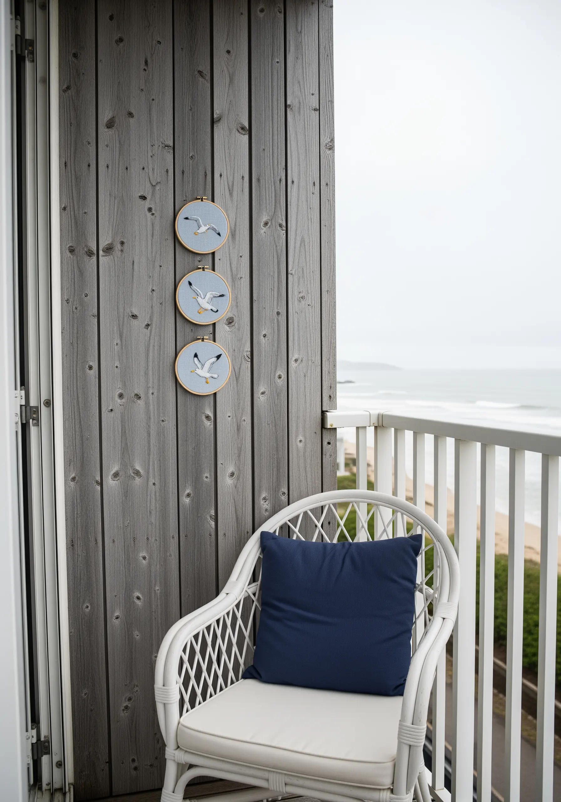 Triptych of embroidered seagulls in flight on light blue fabric.