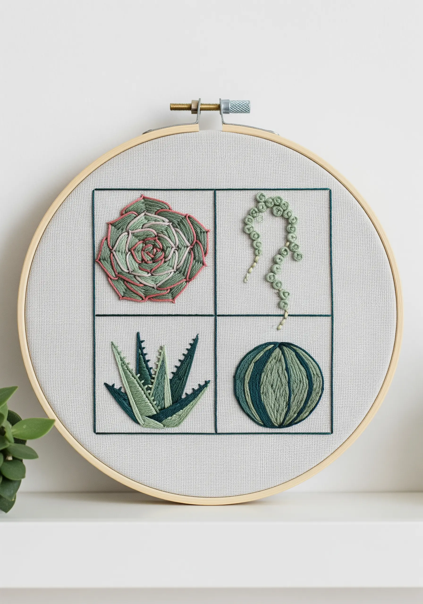 Four embroidered succulents—echeveria, string of pearls, aloe—arranged in a grid.