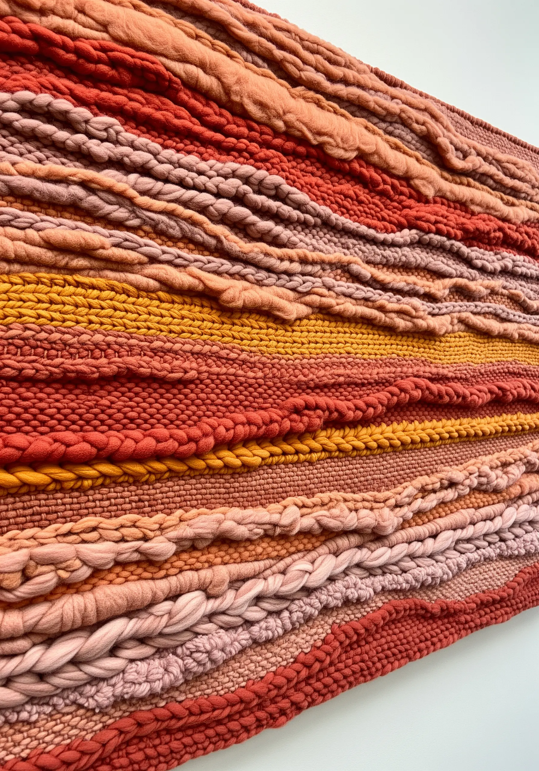 A highly textured woven wall hanging using various stitches and yarns in shades of terracotta and pink.