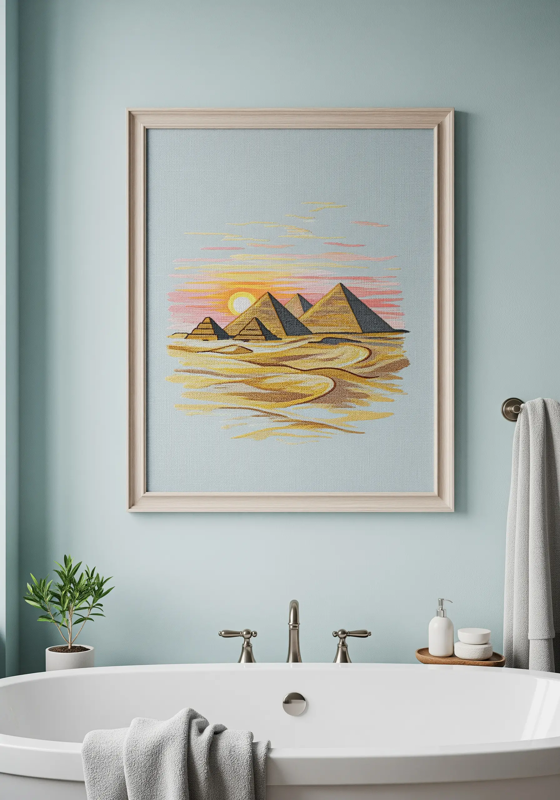 Framed embroidery of the Egyptian pyramids at sunset in a stylized, geometric style.