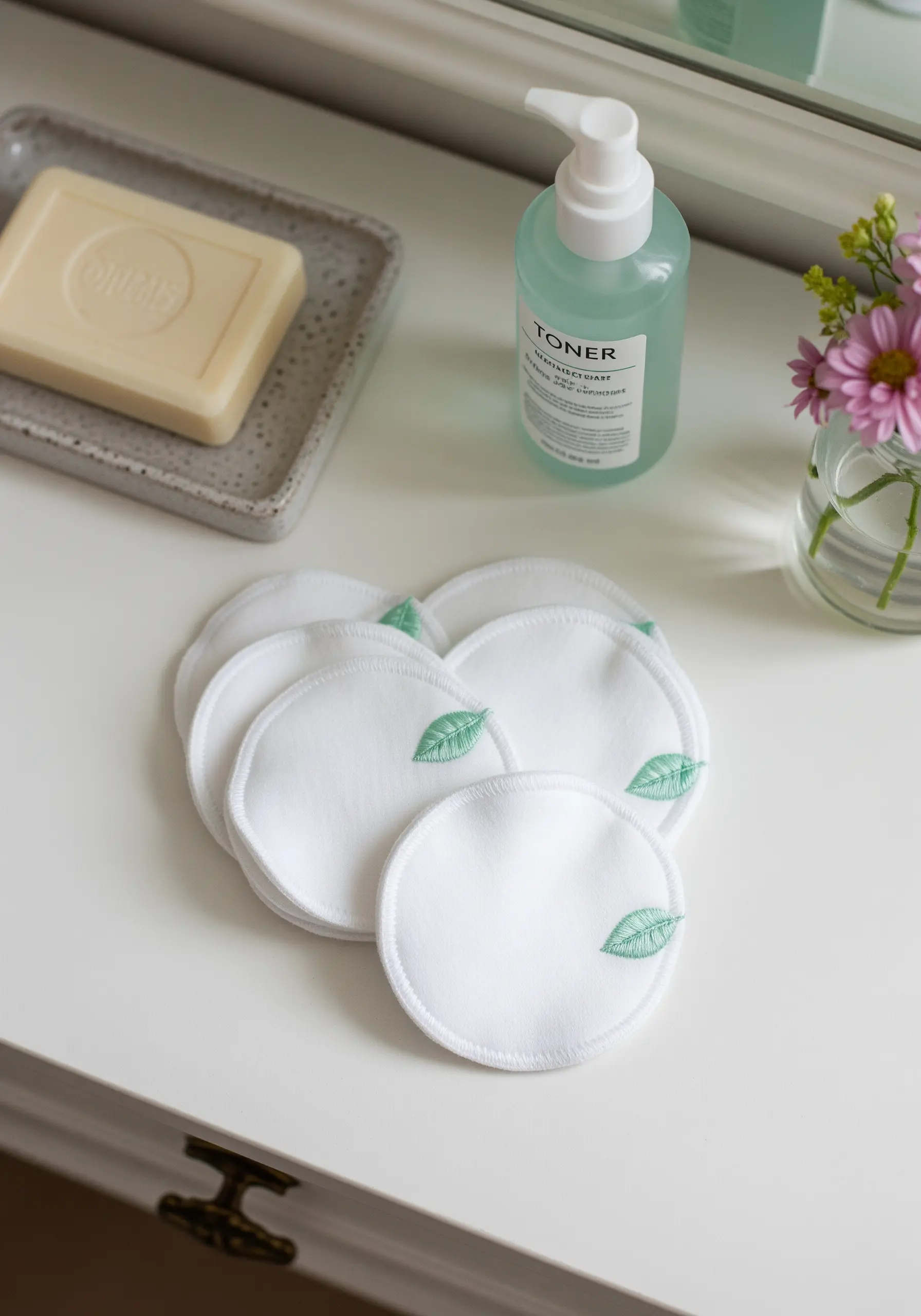 A small, delicate green leaf embroidered on a white reusable cotton round.