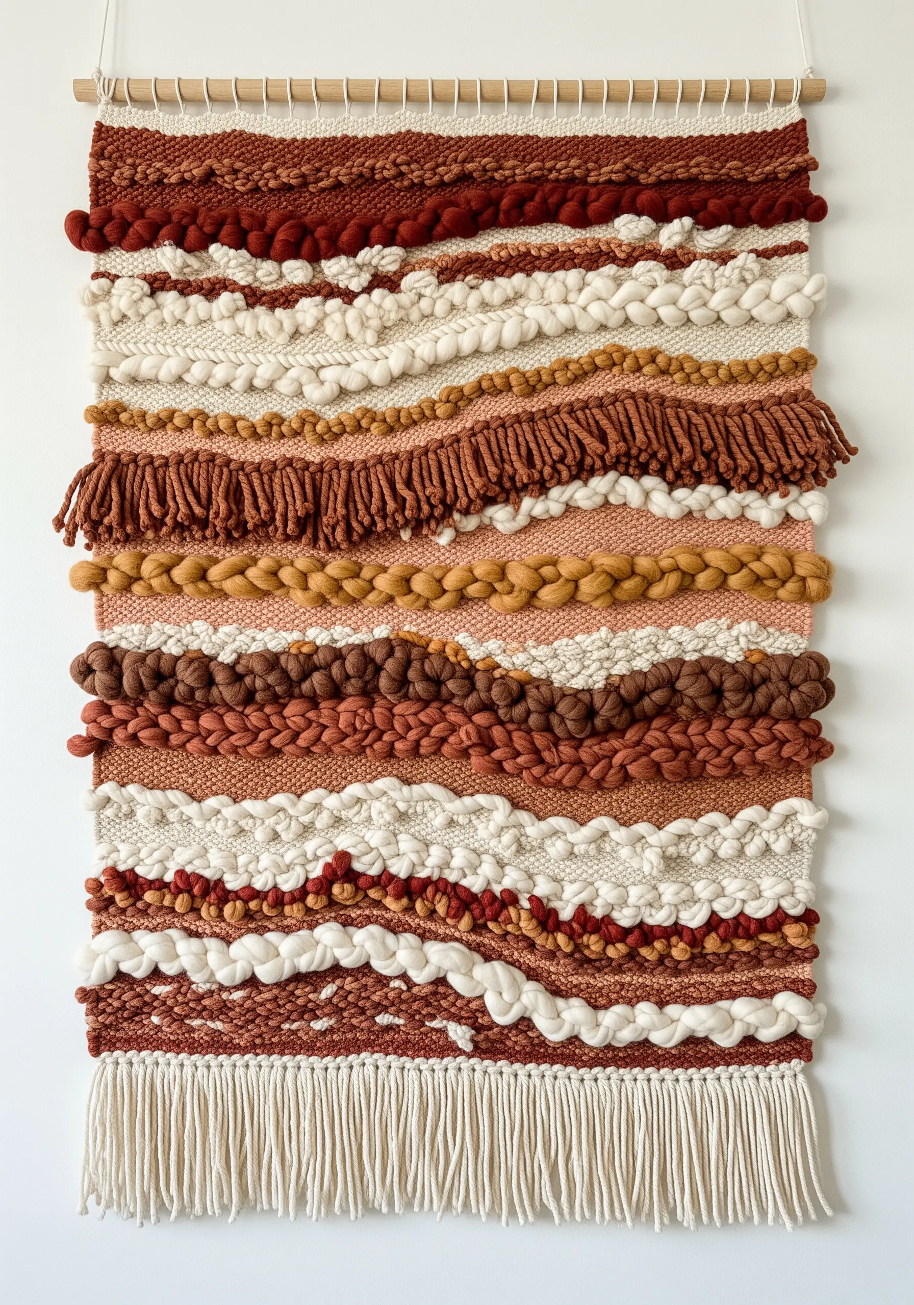 A highly textured woven wall hanging in earth tones, featuring various knots and yarn weights.