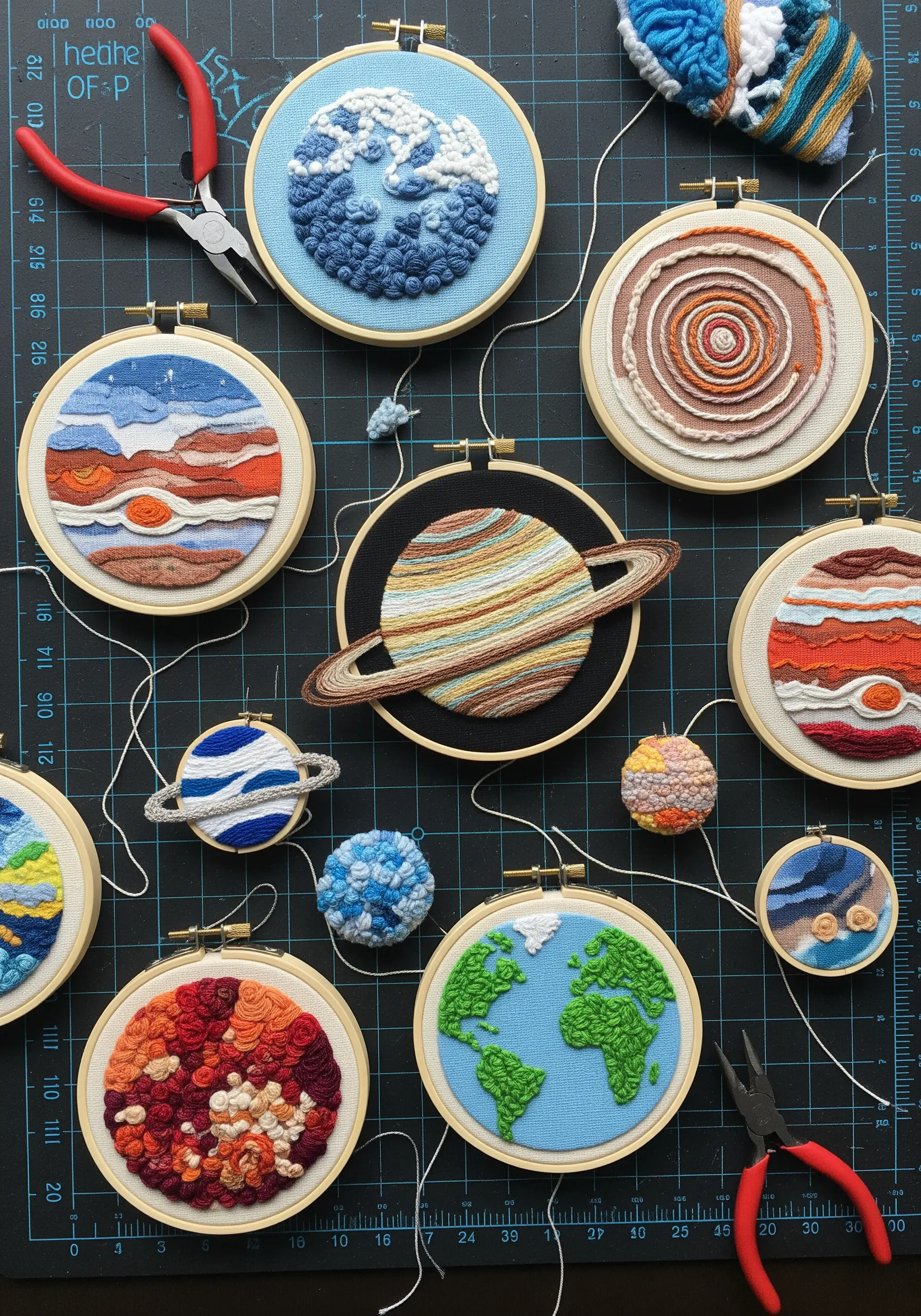 A collection of small embroidery hoops, each depicting a planet using unique textural stitches and yarns.