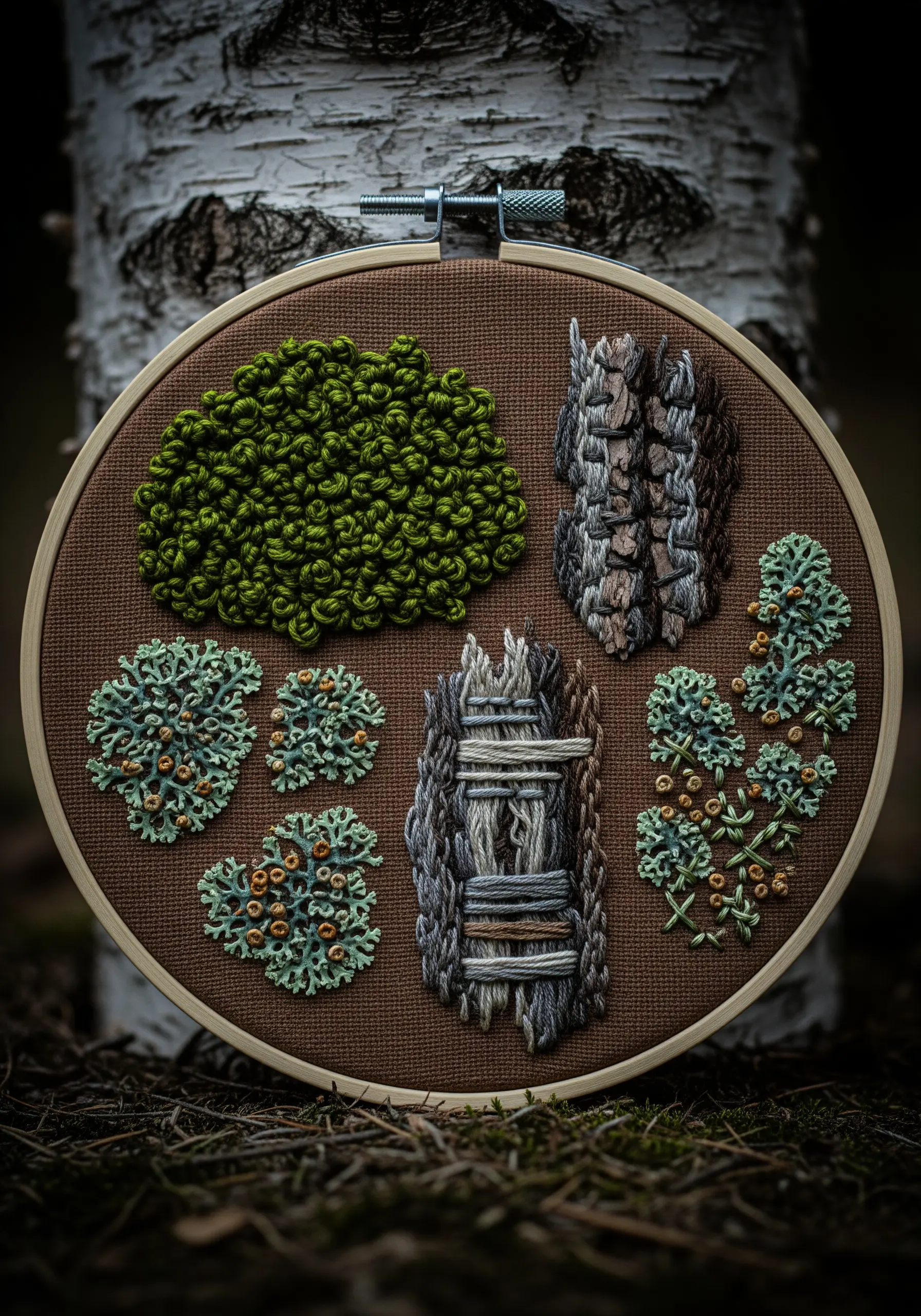 High-texture embroidery of moss, lichen, and bark using French knots and couching.