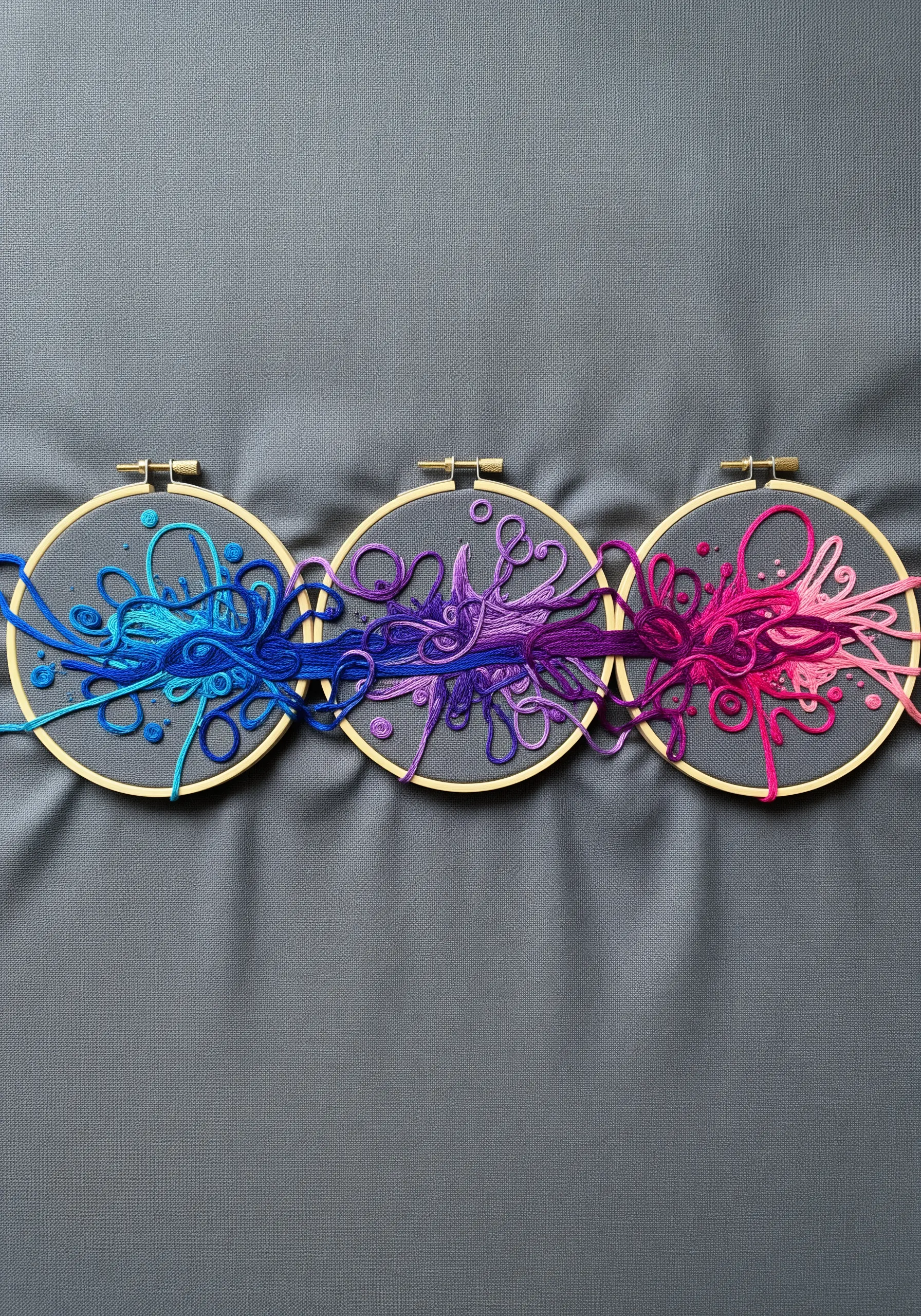 A triptych of three embroidery hoops showing a color flow from blue to purple to pink.