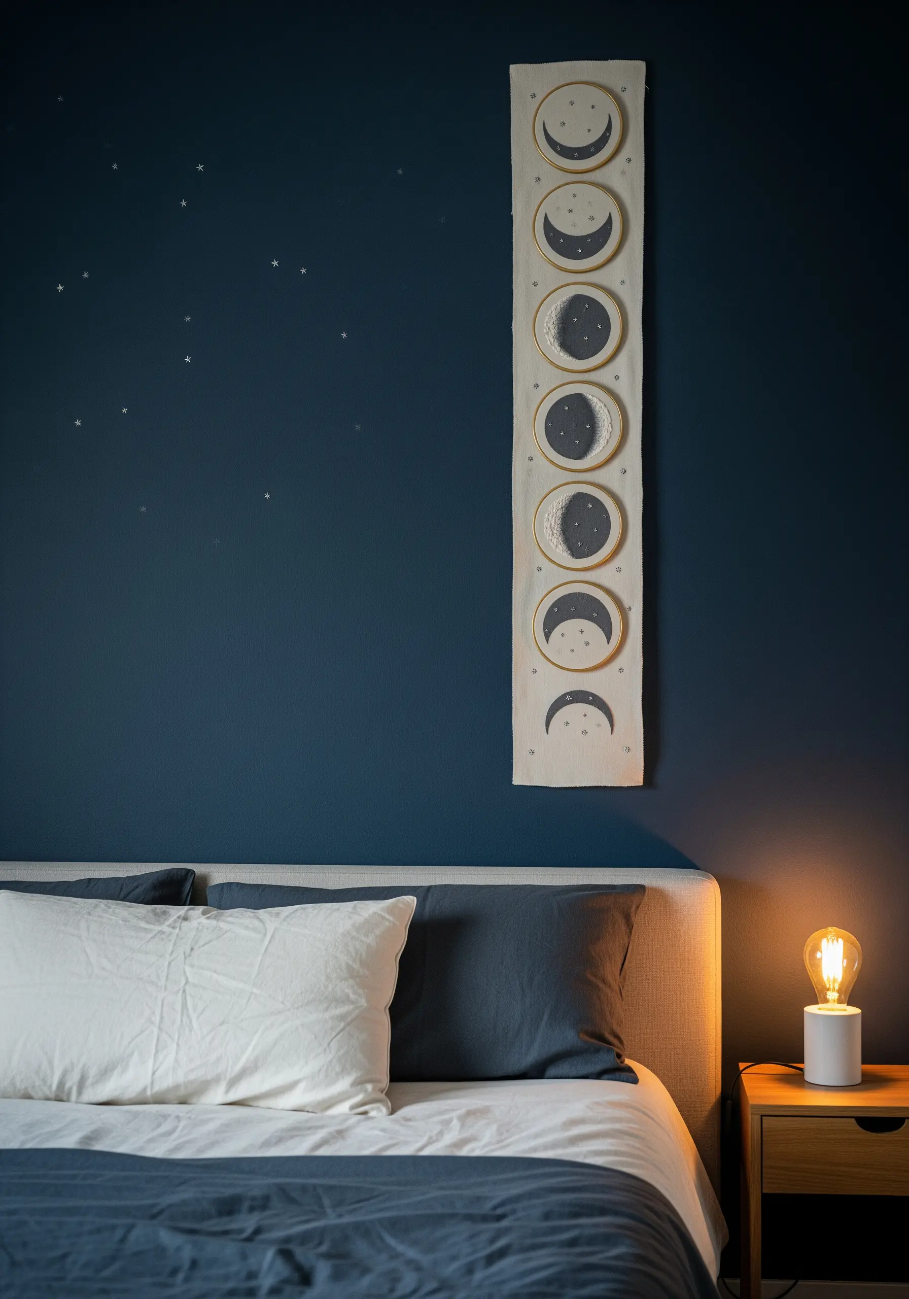 Embroidery of moon phases displayed vertically on a long fabric banner above a bed.