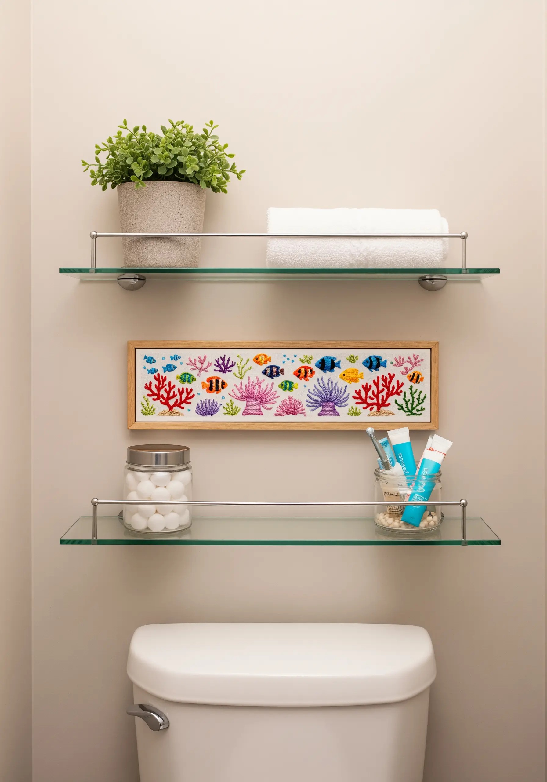 A colorful, panoramic embroidery of a coral reef with many fish.
