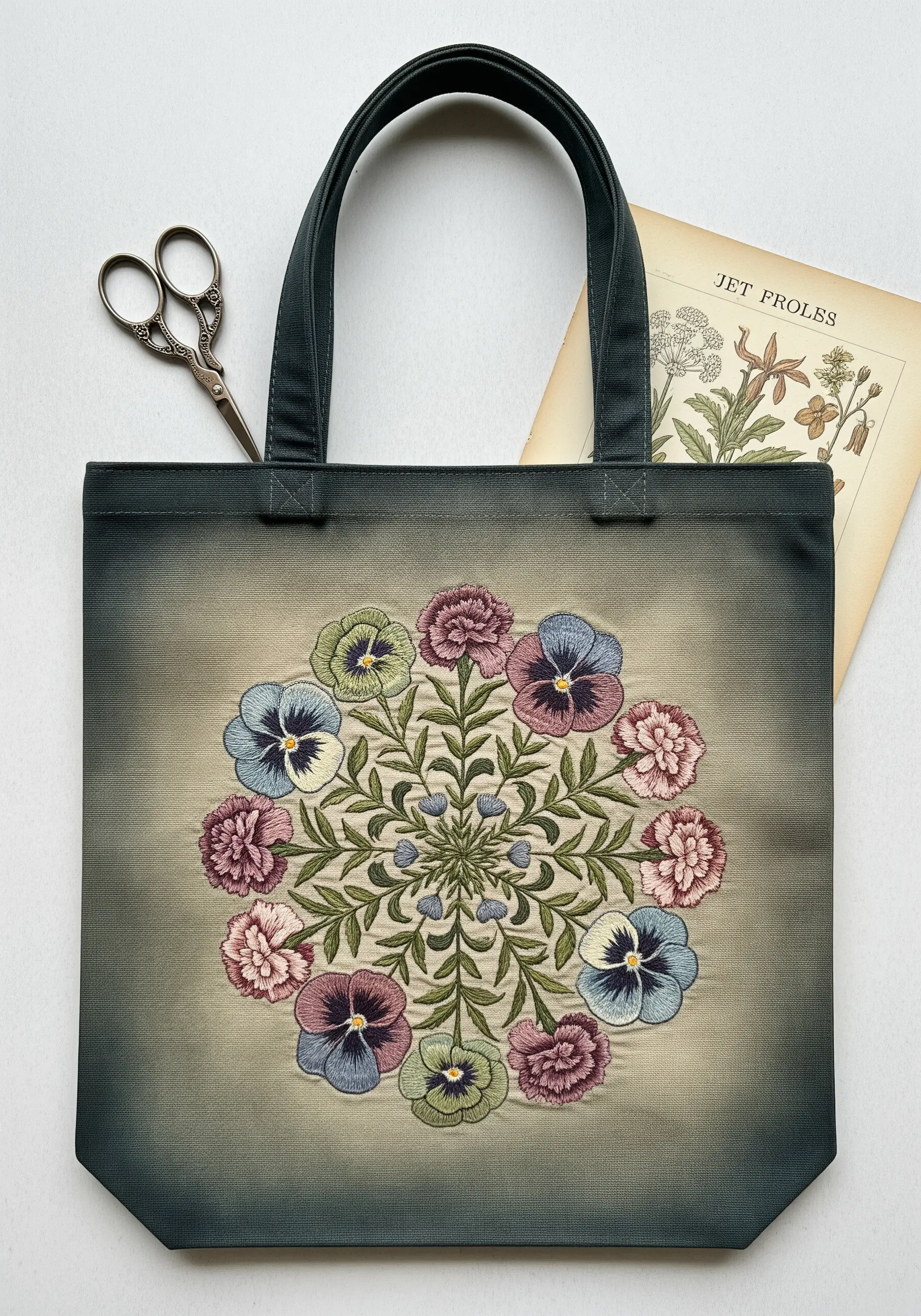 A vintage-style mandala of embroidered pansies and carnations on a faded green tote bag.