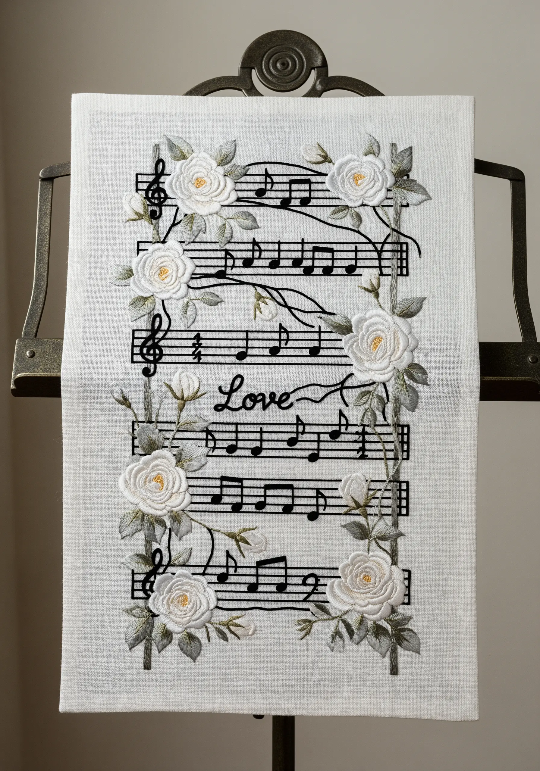 White roses embroidered over and around a stitched musical staff on a long fabric panel.