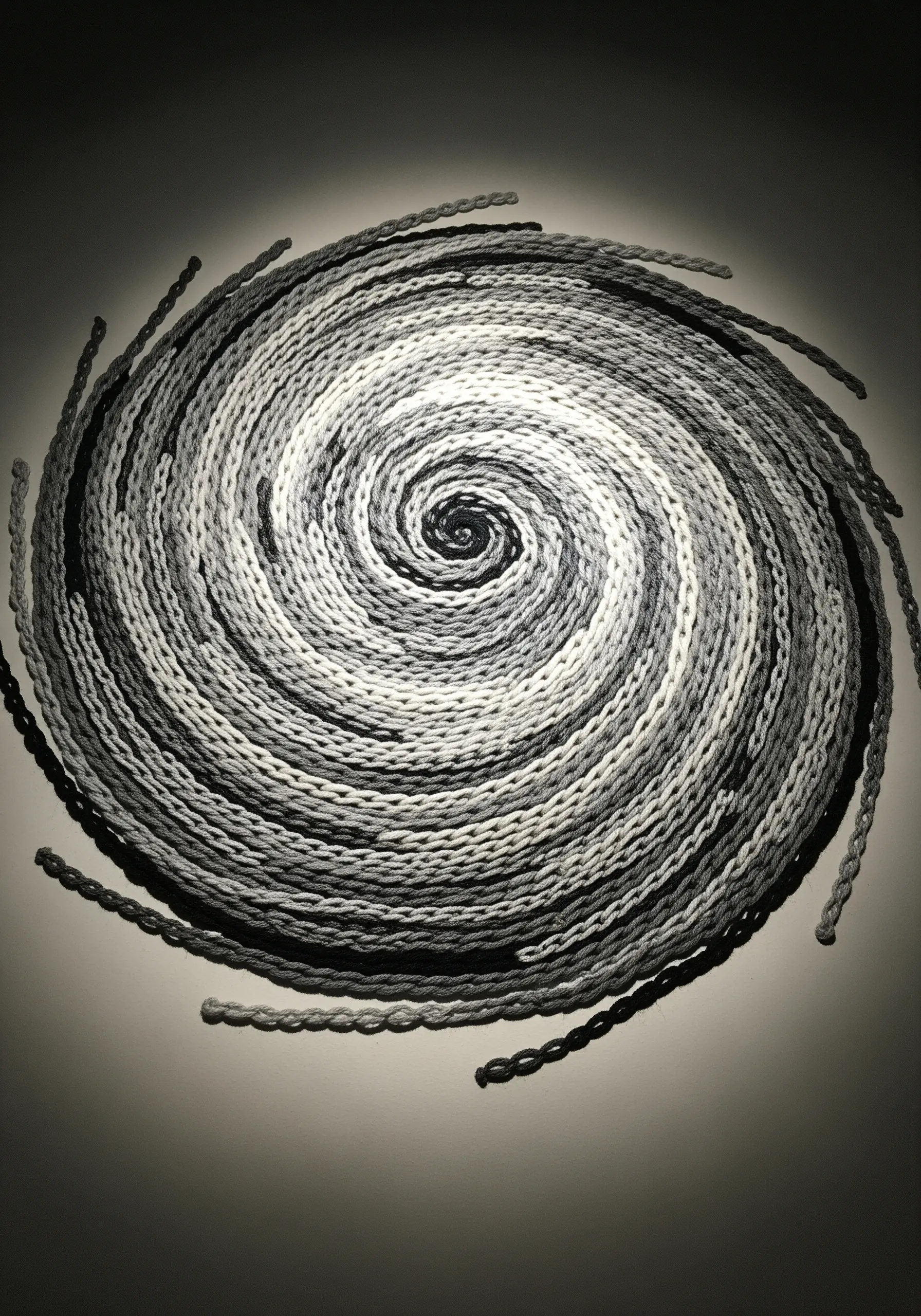 A powerful spiral of thick, braided grey and white threads on a dark background.