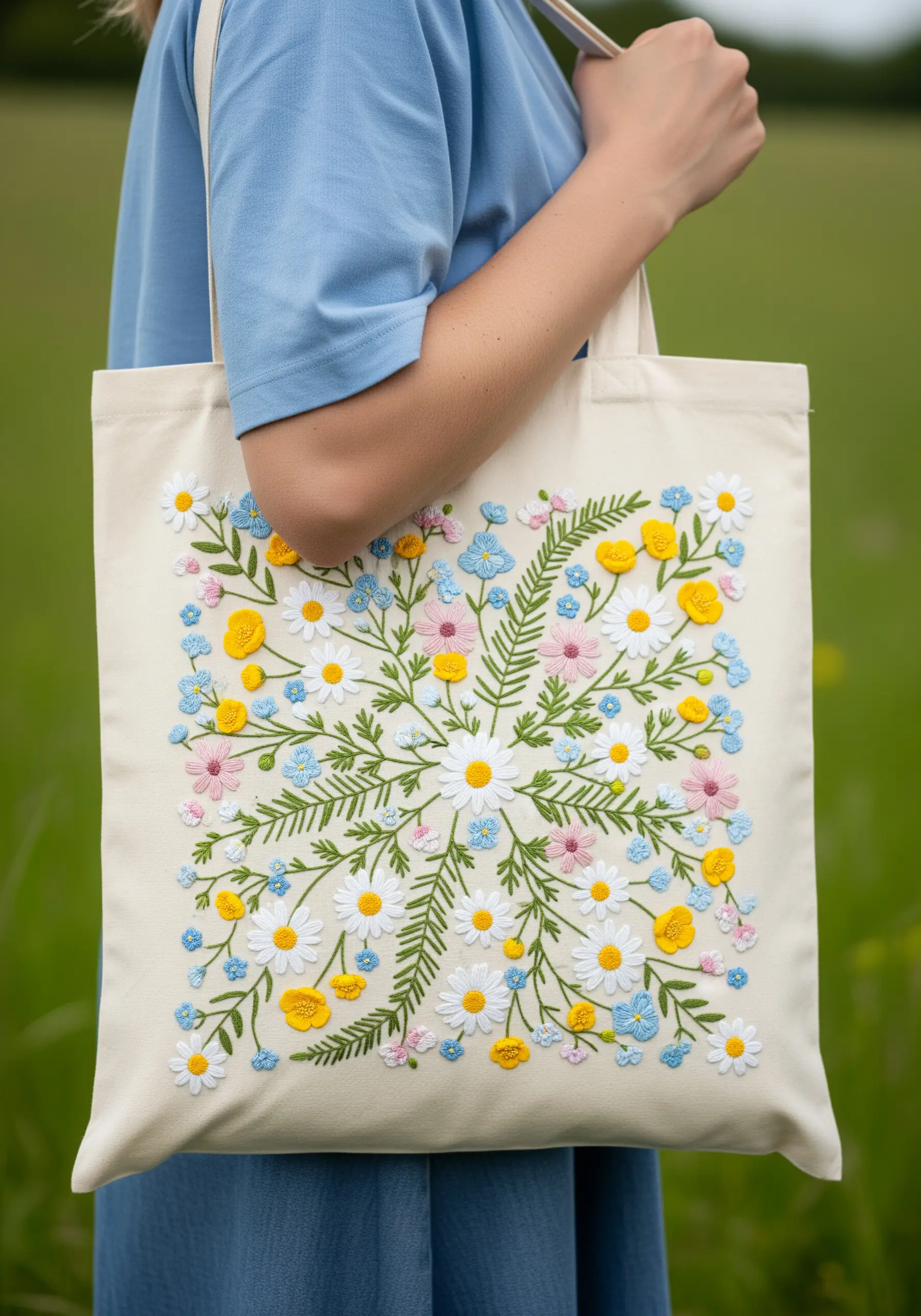 A square-shaped wildflower mandala with daisies, bluebells, and ferns on a cream tote bag.