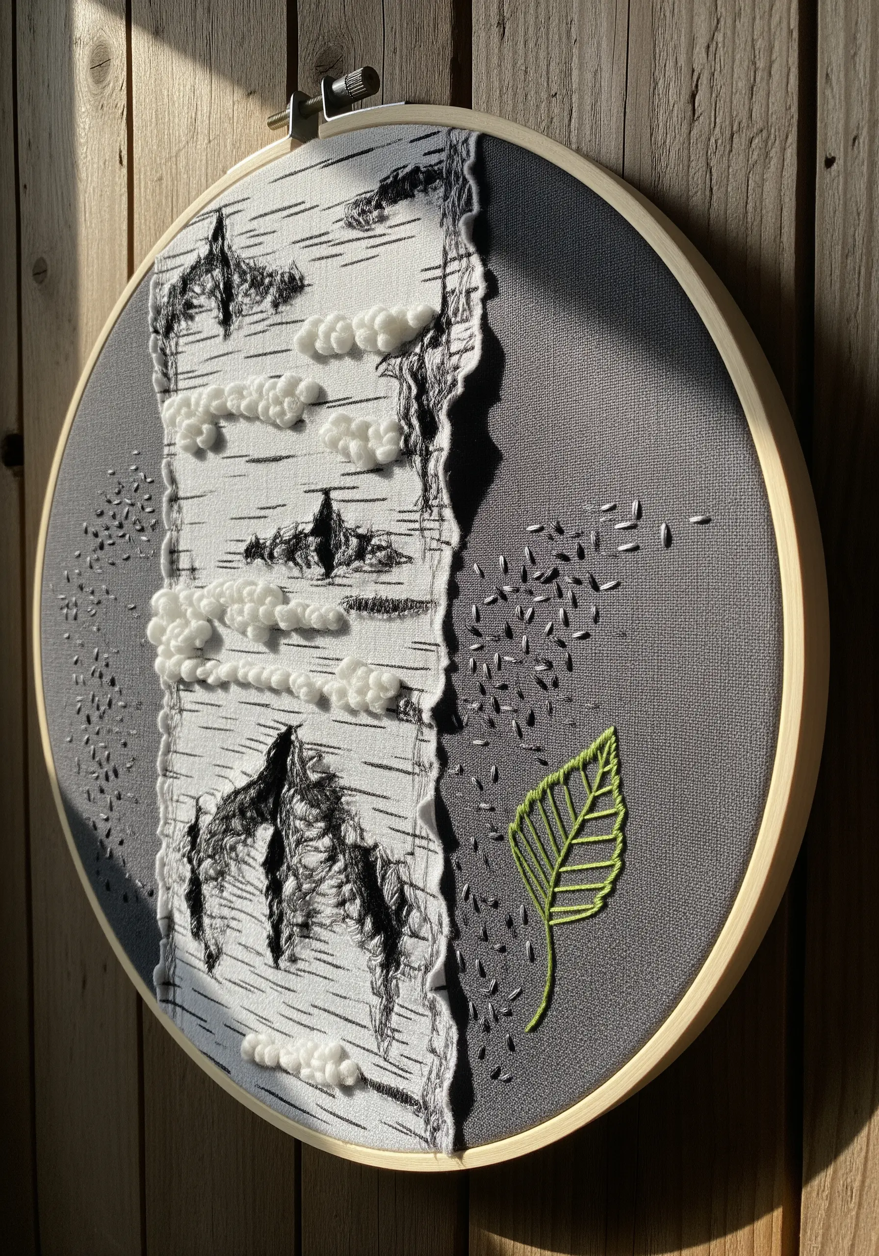 Mixed-media birch bark embroidery with fabric appliqué and French knots.