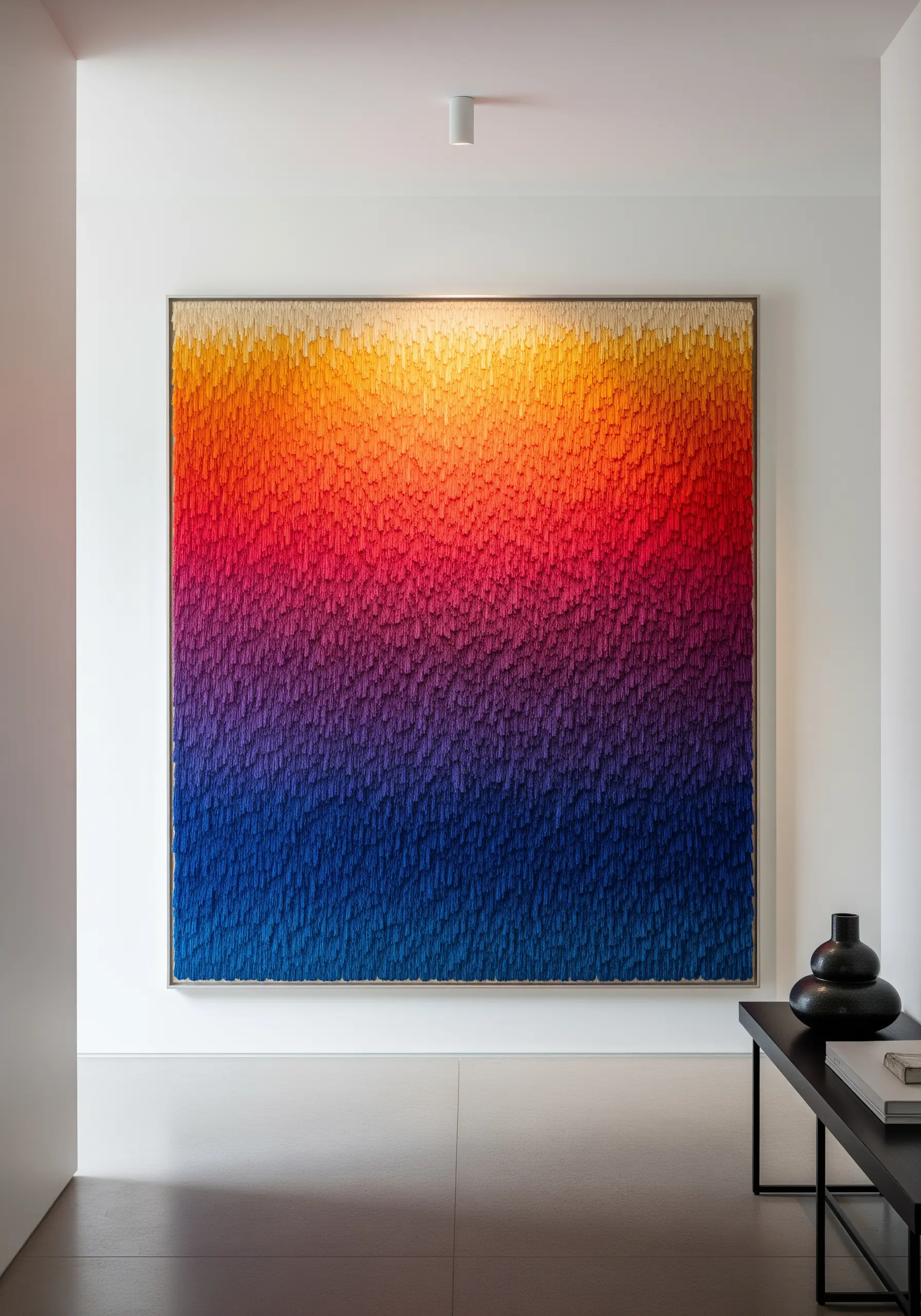 A large abstract fiber art piece with a dense, vertical gradient of rainbow colors.