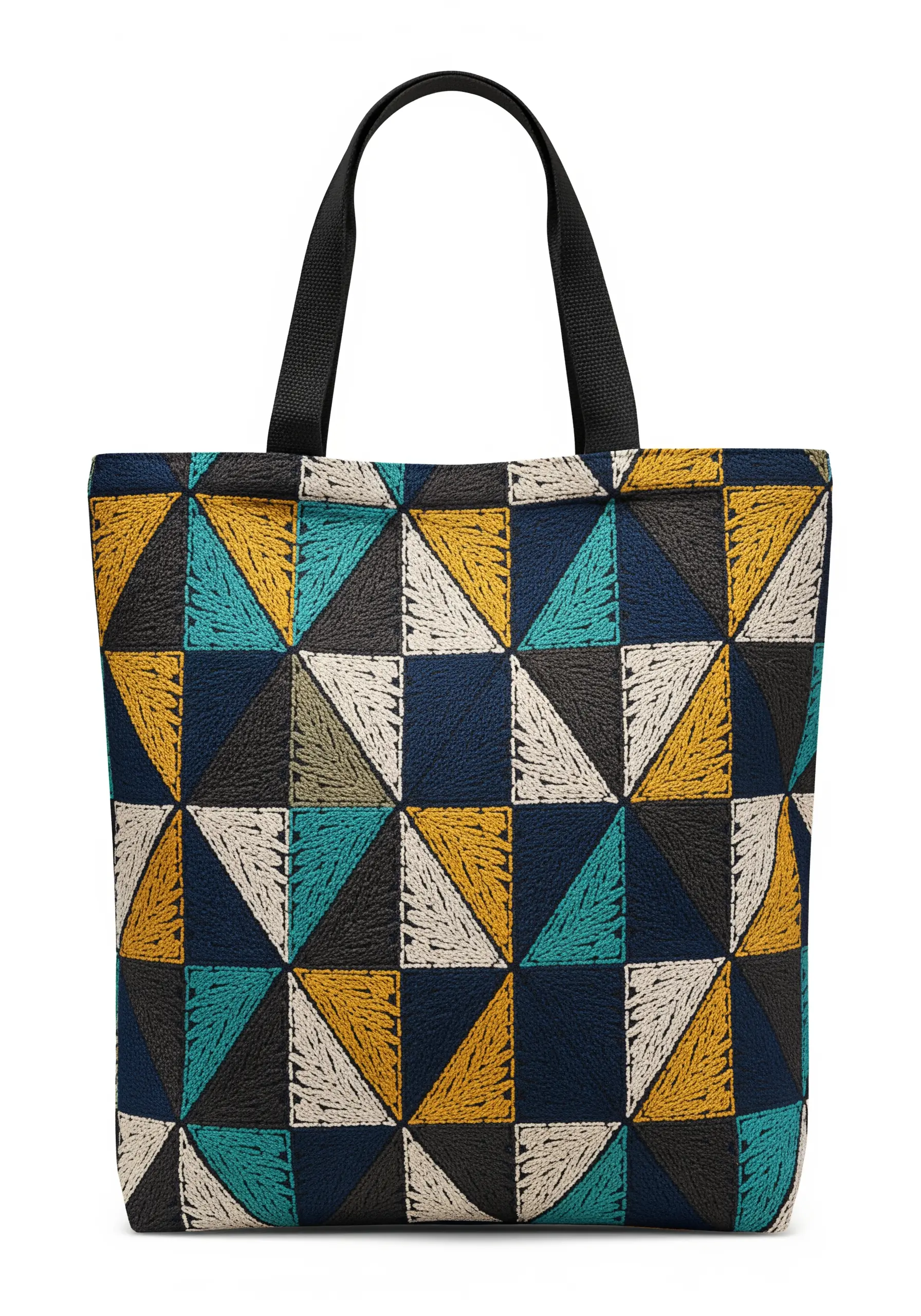 A geometric pattern of triangles filled with embroidery in teal, ochre, and navy.