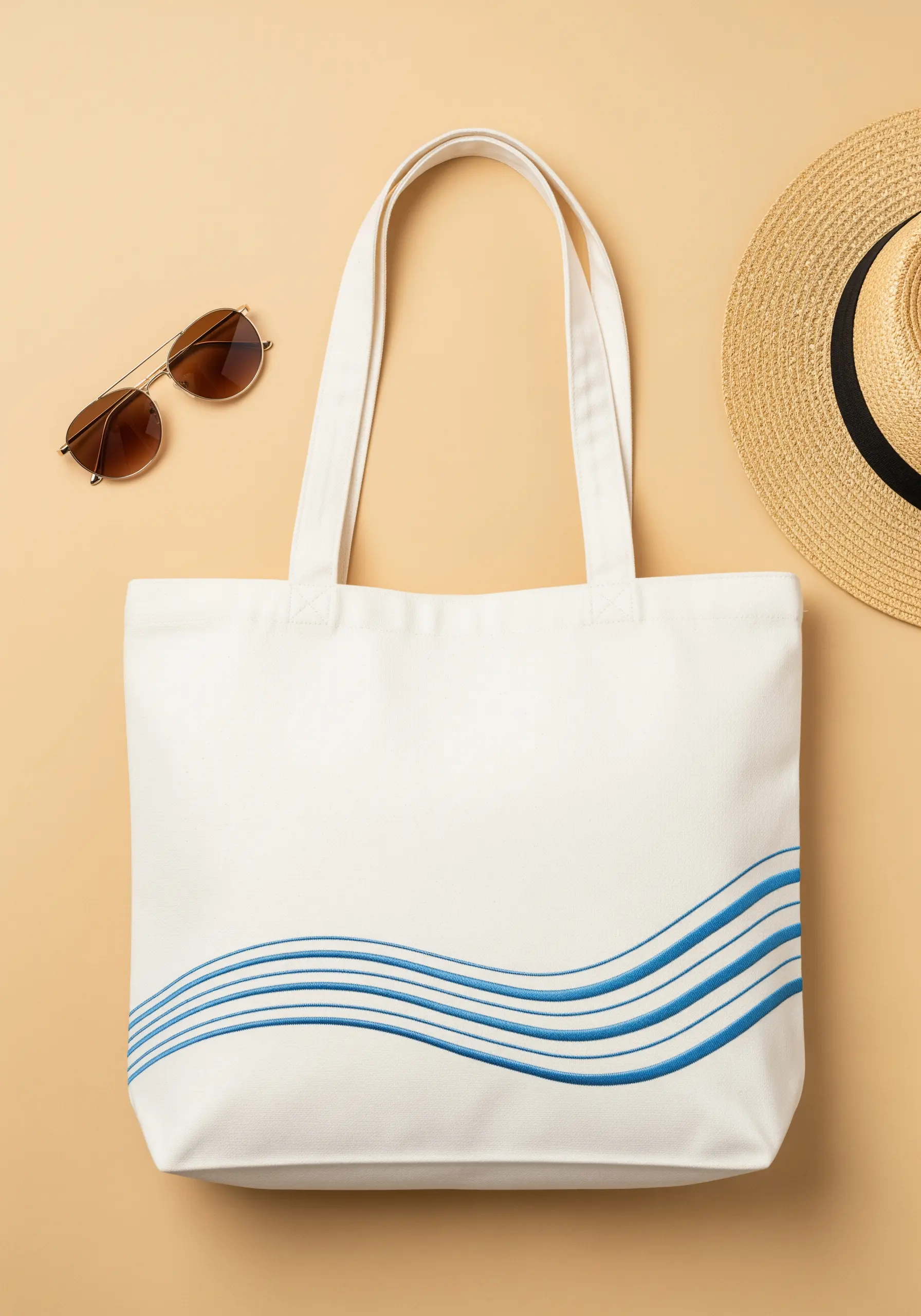Abstract flowing wave pattern with parallel blue lines on a white tote bag.