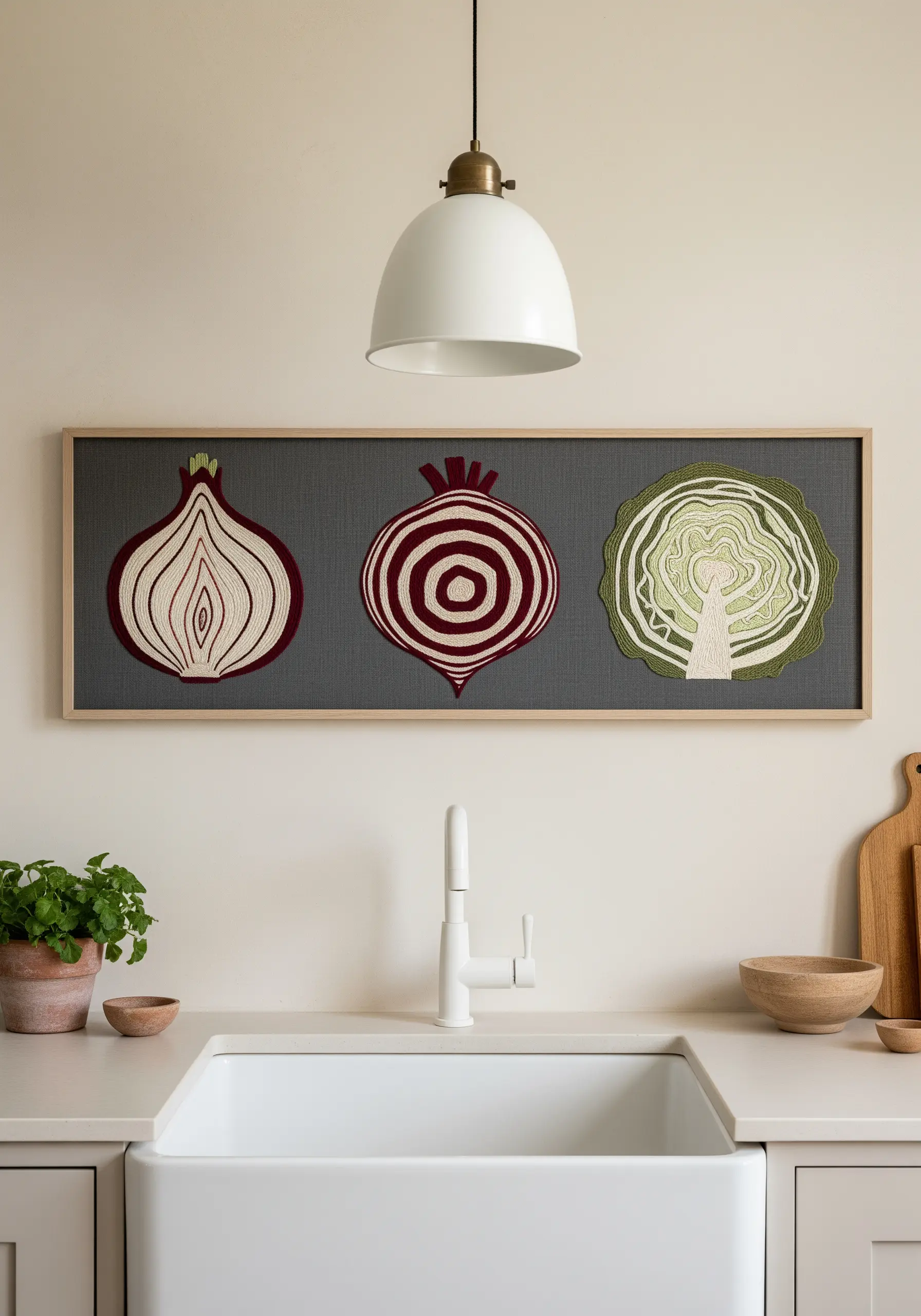 Framed triptych showing graphic, embroidered cross-sections of an onion, beet, and cabbage.