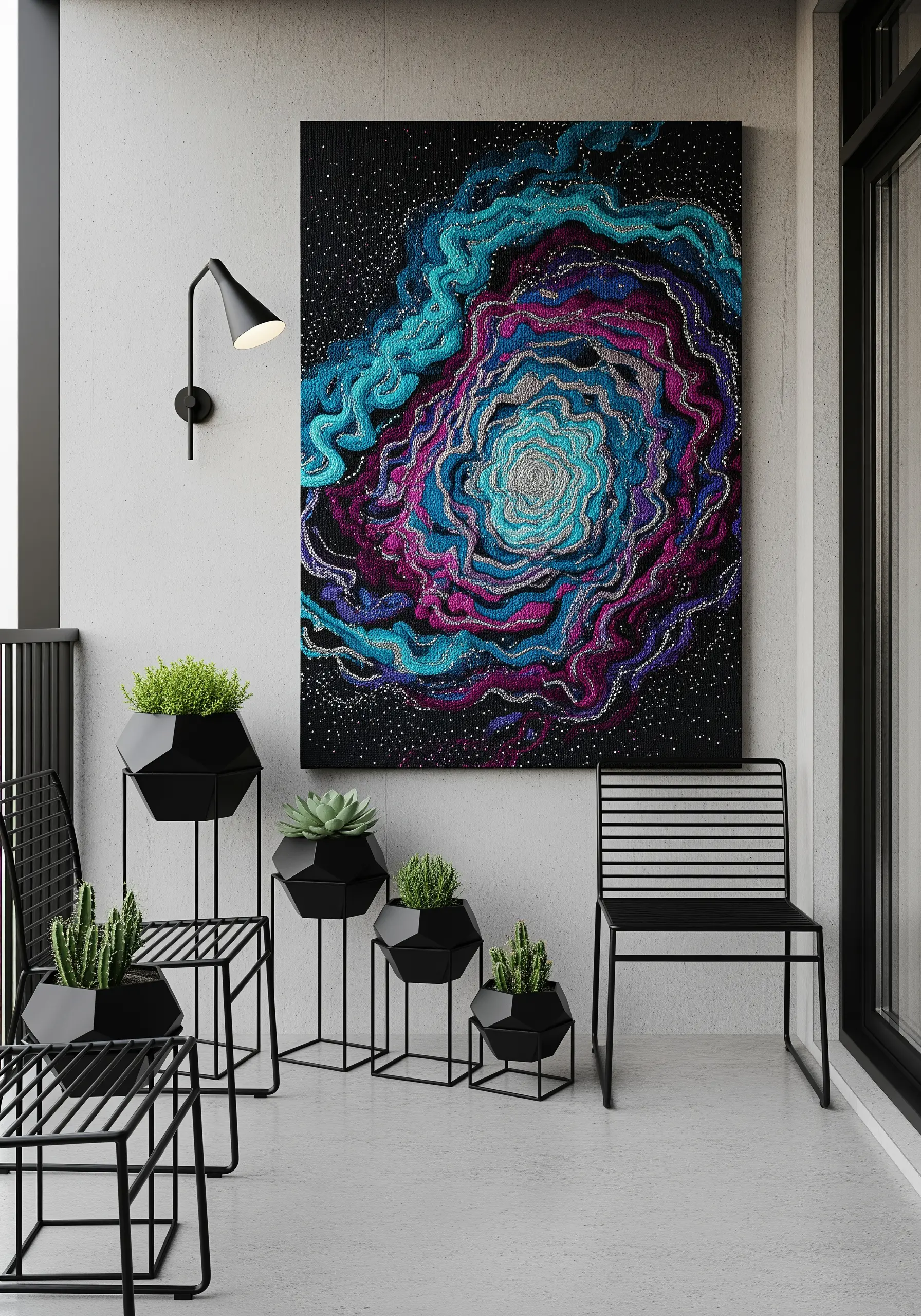 Large abstract embroidery of a colorful nebula on a modern balcony.