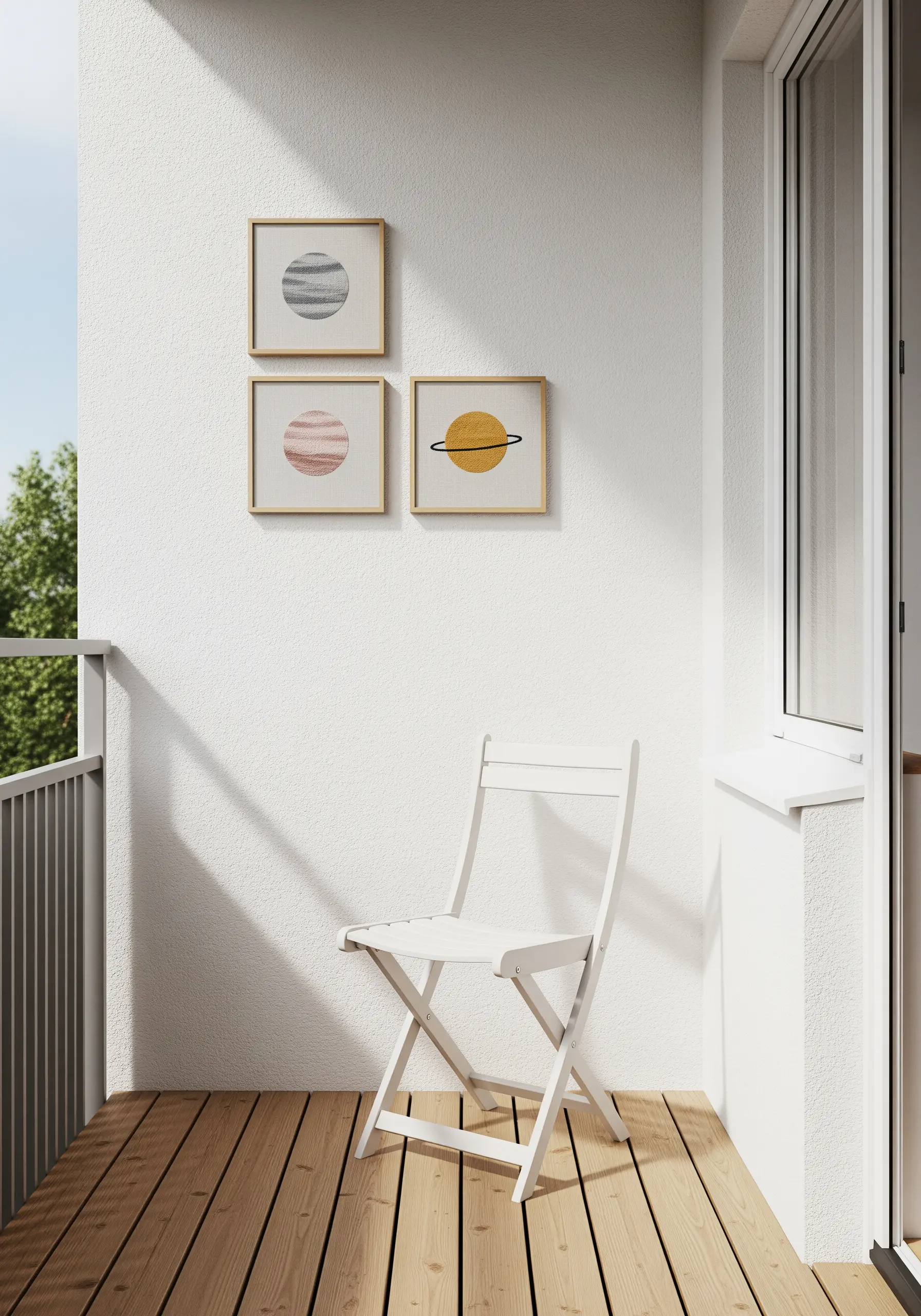 Three framed minimalist embroideries of abstract planets on a white wall.