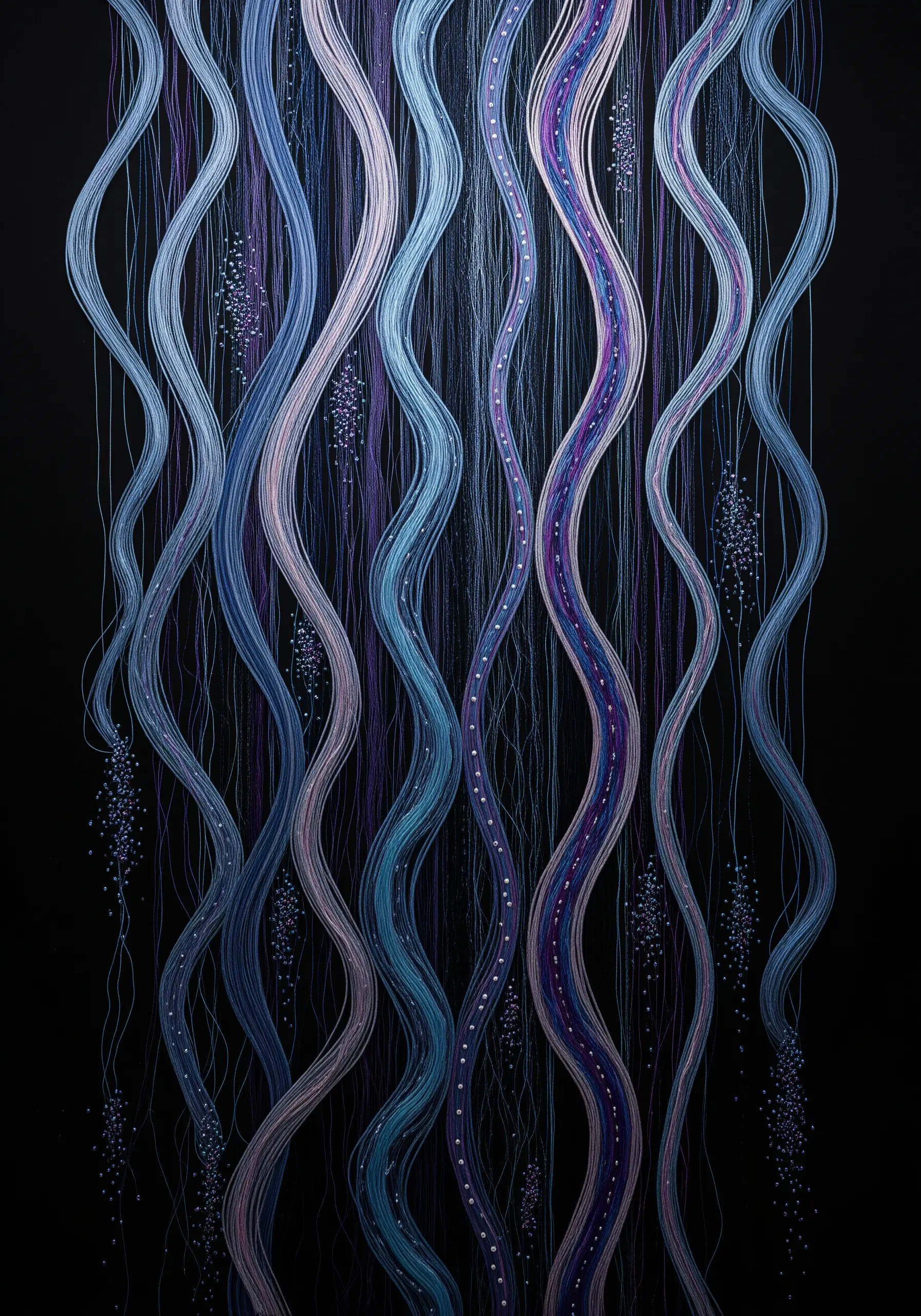 Abstract embroidery of vertical, flowing water currents in shades of blue and purple.
