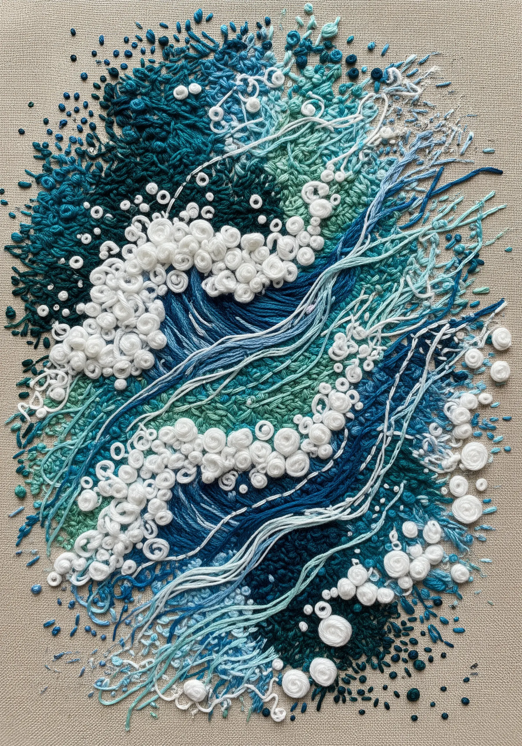 An abstract embroidery seascape with white knots for foam and blue threads for water.