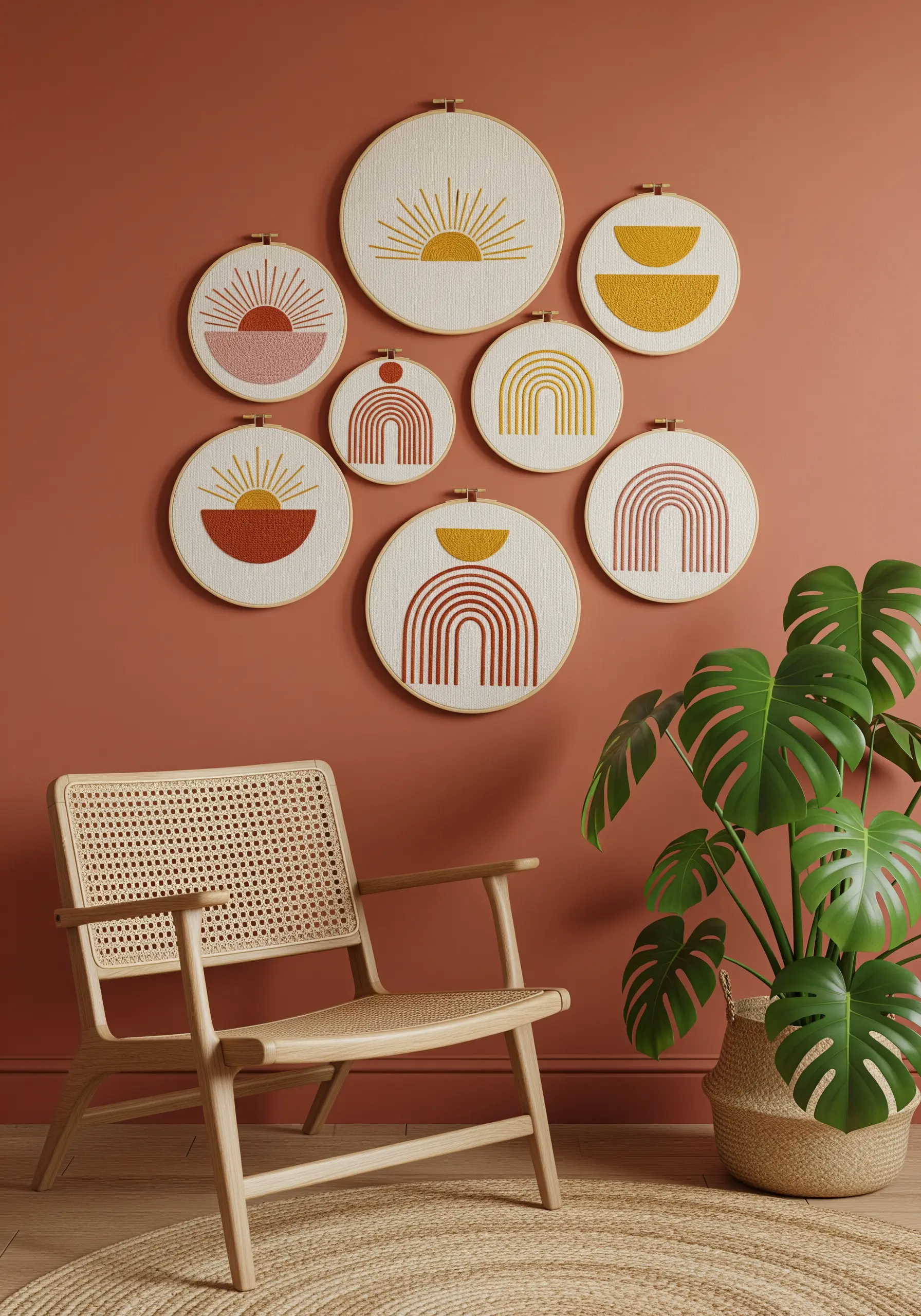 A collection of hoop art featuring abstract suns and rainbows in warm, earthy tones.