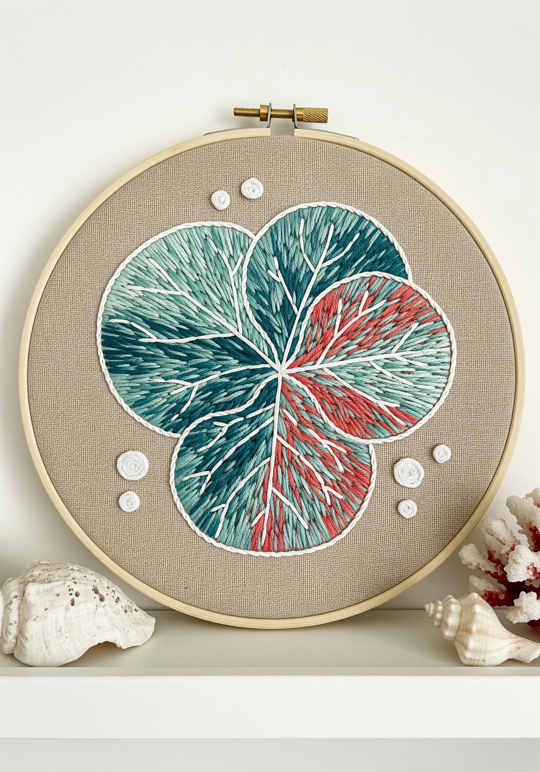 An abstract embroidery of overlapping leaf-like circles filled with variegated green and red thread.
