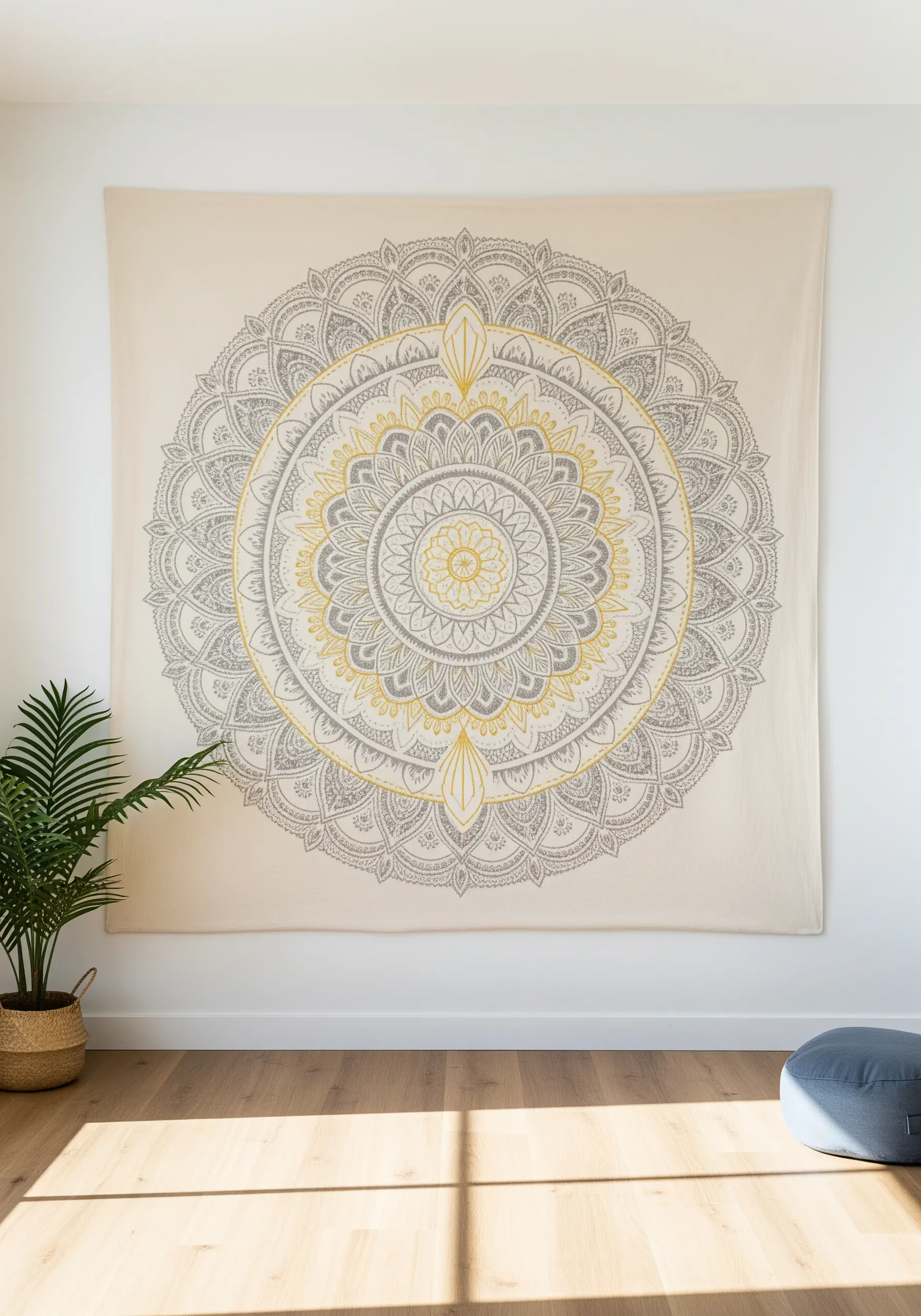 A large, fabric wall tapestry of a mandala with gold and grey embroidered details.