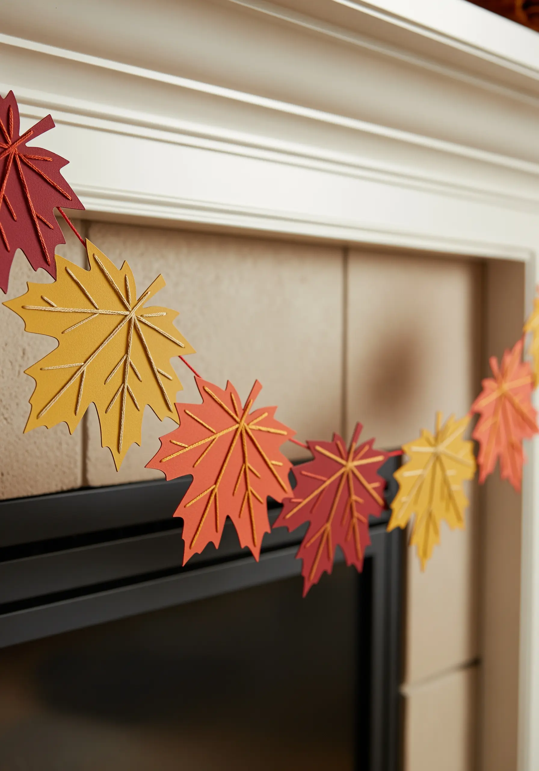A paper leaf garland in autumn colors with gold metallic thread stitched as leaf veins.