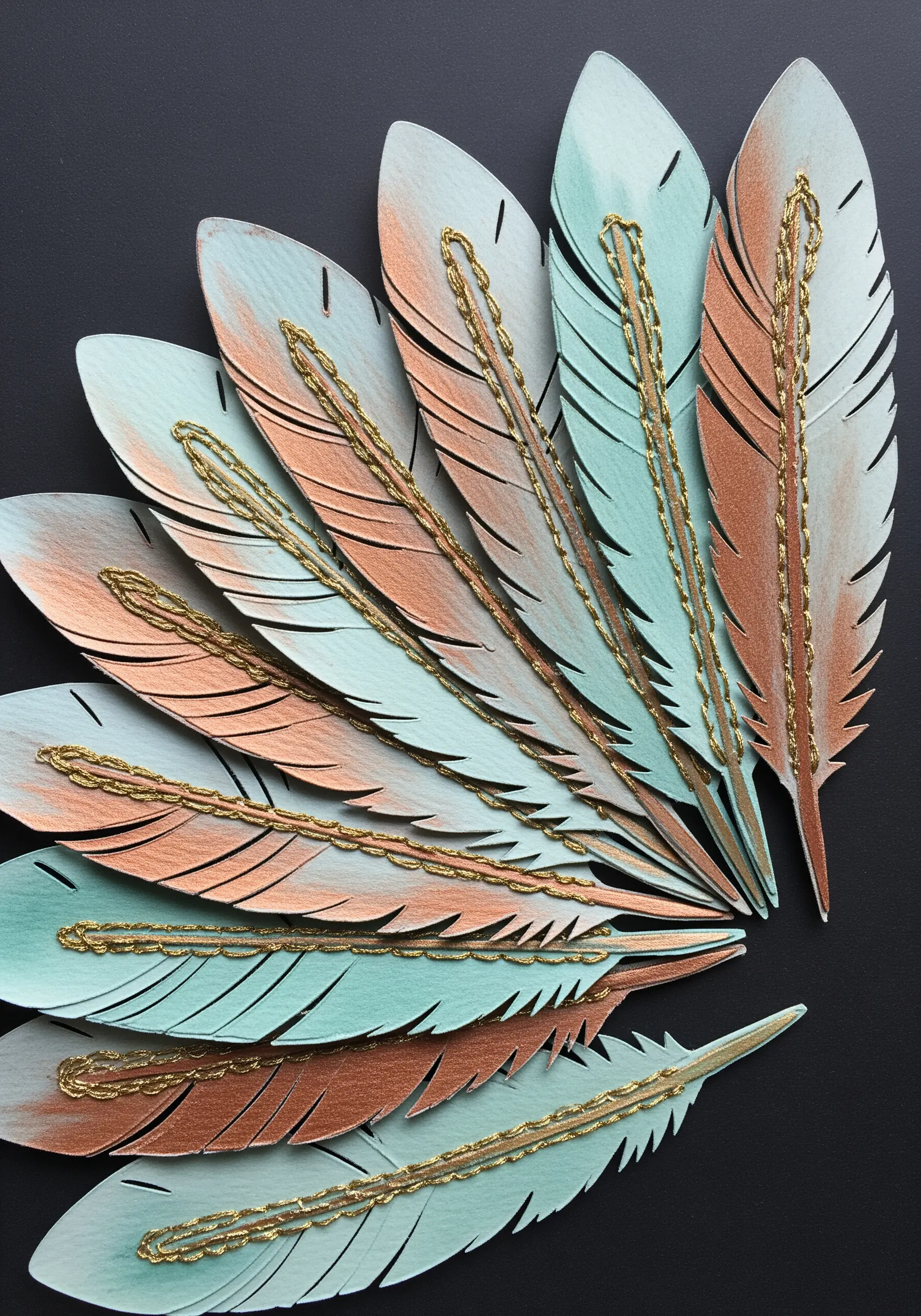 Painted paper feathers with gold chain stitch embroidery along the quills.