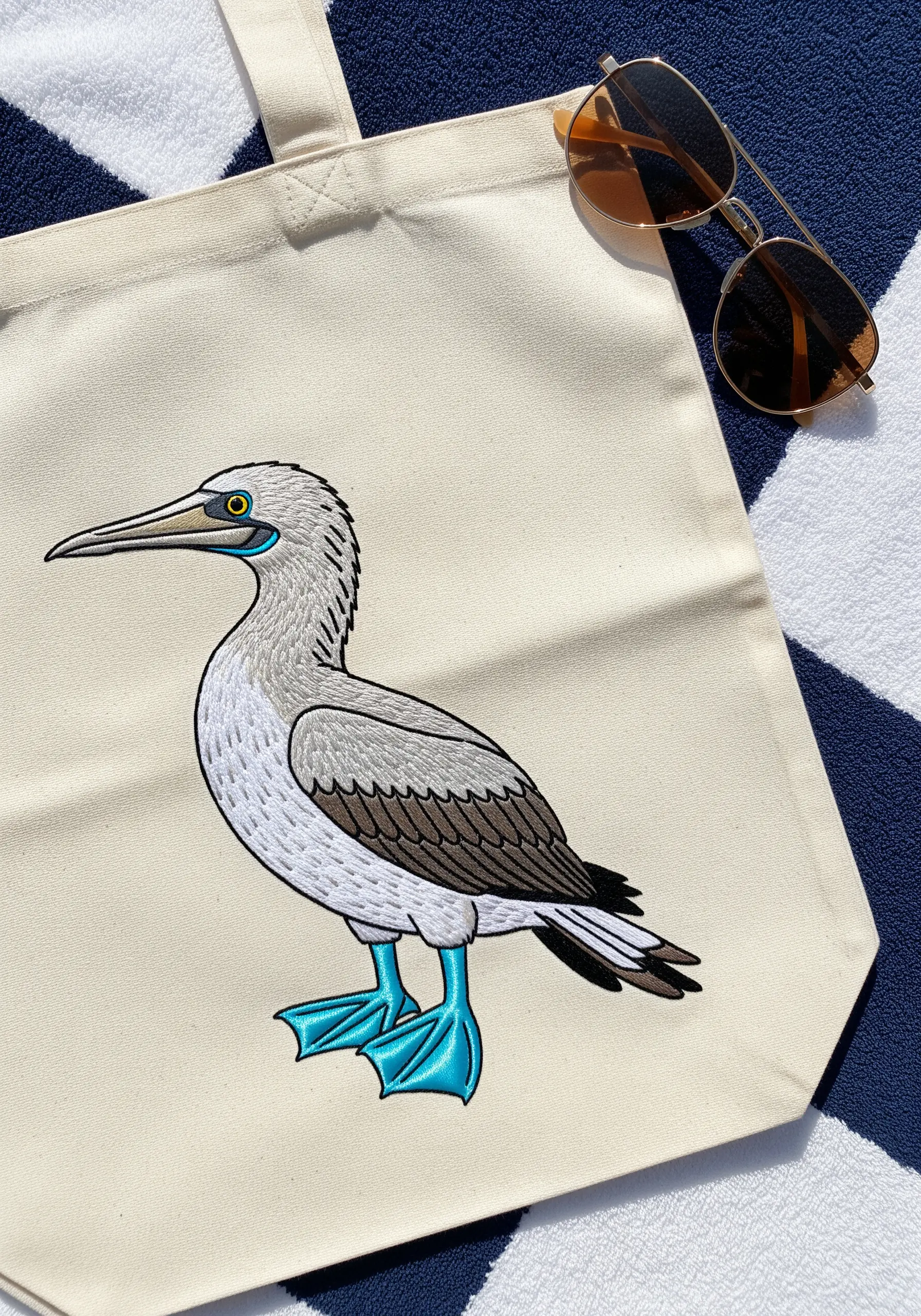 A cartoon-style embroidered blue-footed booby with prominent bright blue feet.