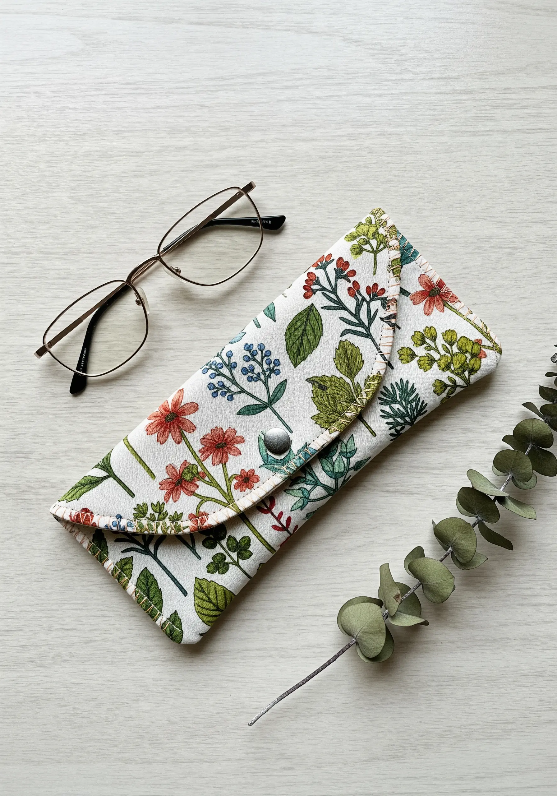 A fabric glasses case made from a colorful botanical print on a white background.